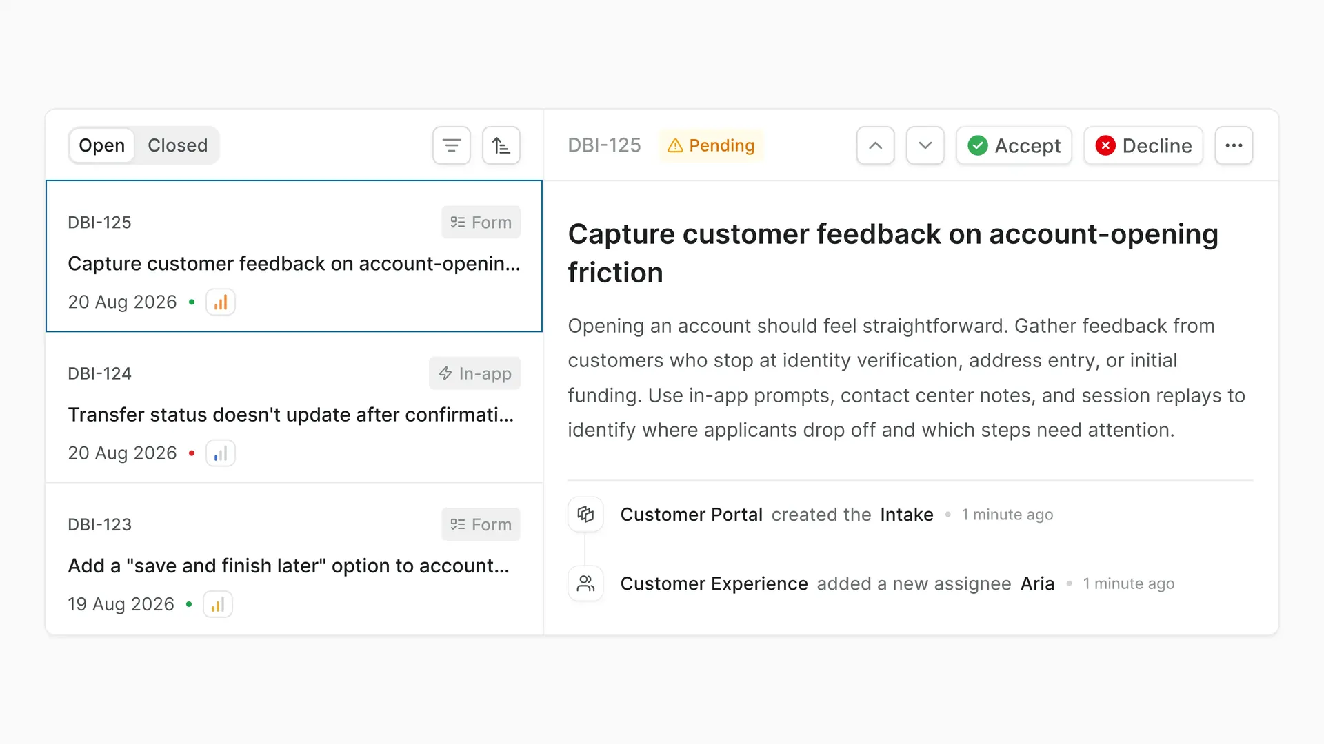 Plane Intake queue showing customer feedback, a transfer-status issue, and an account-opening request awaiting review.