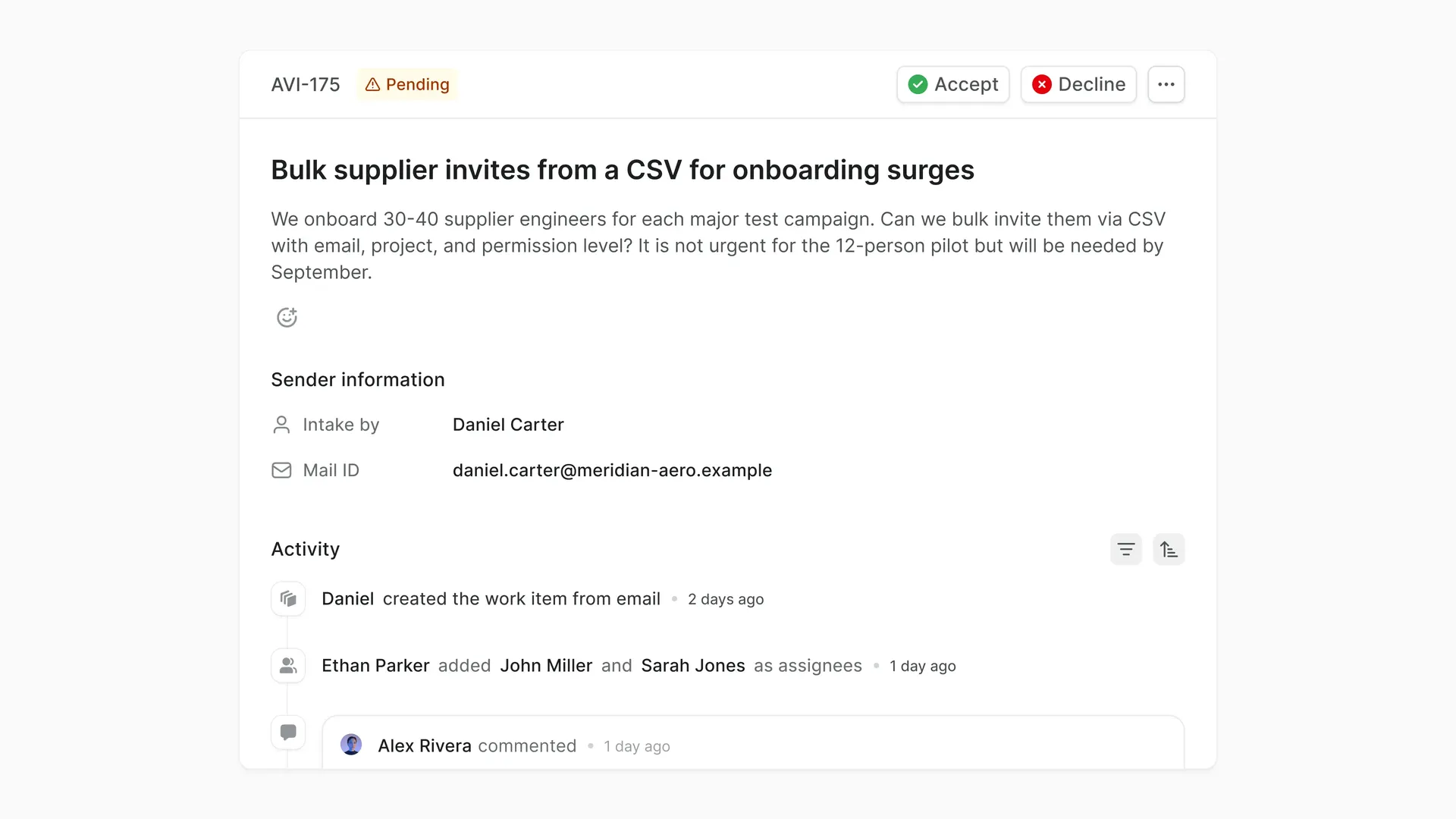 Pending intake work item AVI-175 in Plane, a supplier request to bulk invite engineers from a CSV, with Accept and Decline actions, sender details, and an activity trail.