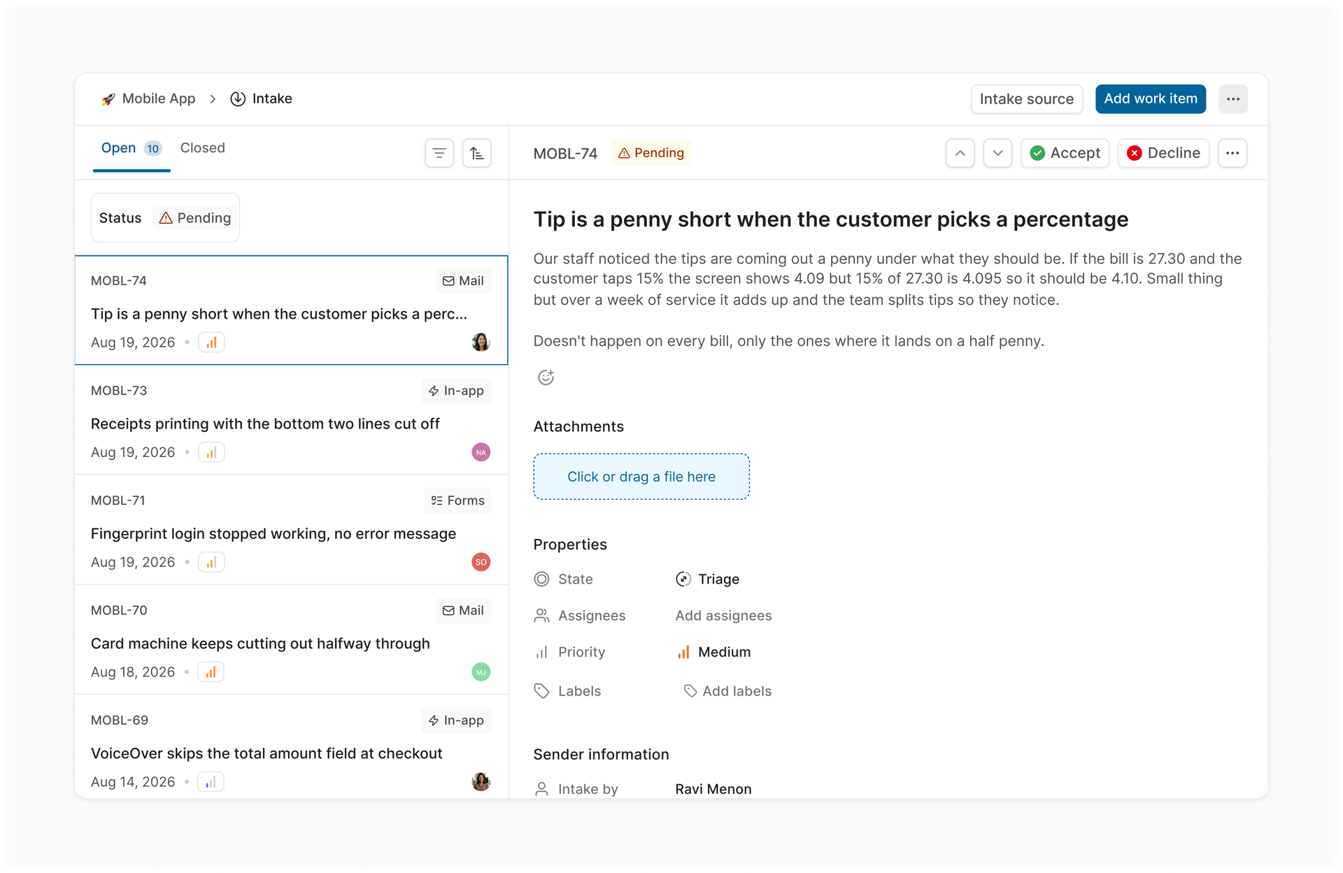 A public Bug report form in Plane Intake alongside the review queue.