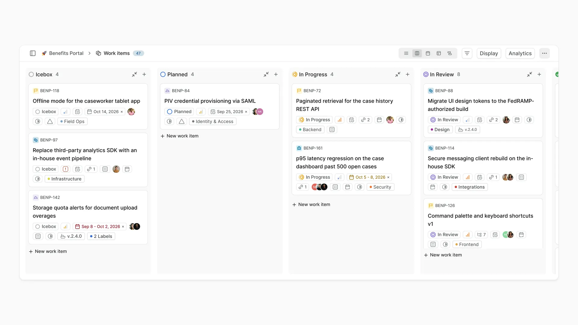 Benefits Portal work items board in Plane, including PIV credential provisioning and FedRAMP-authorized build tasks