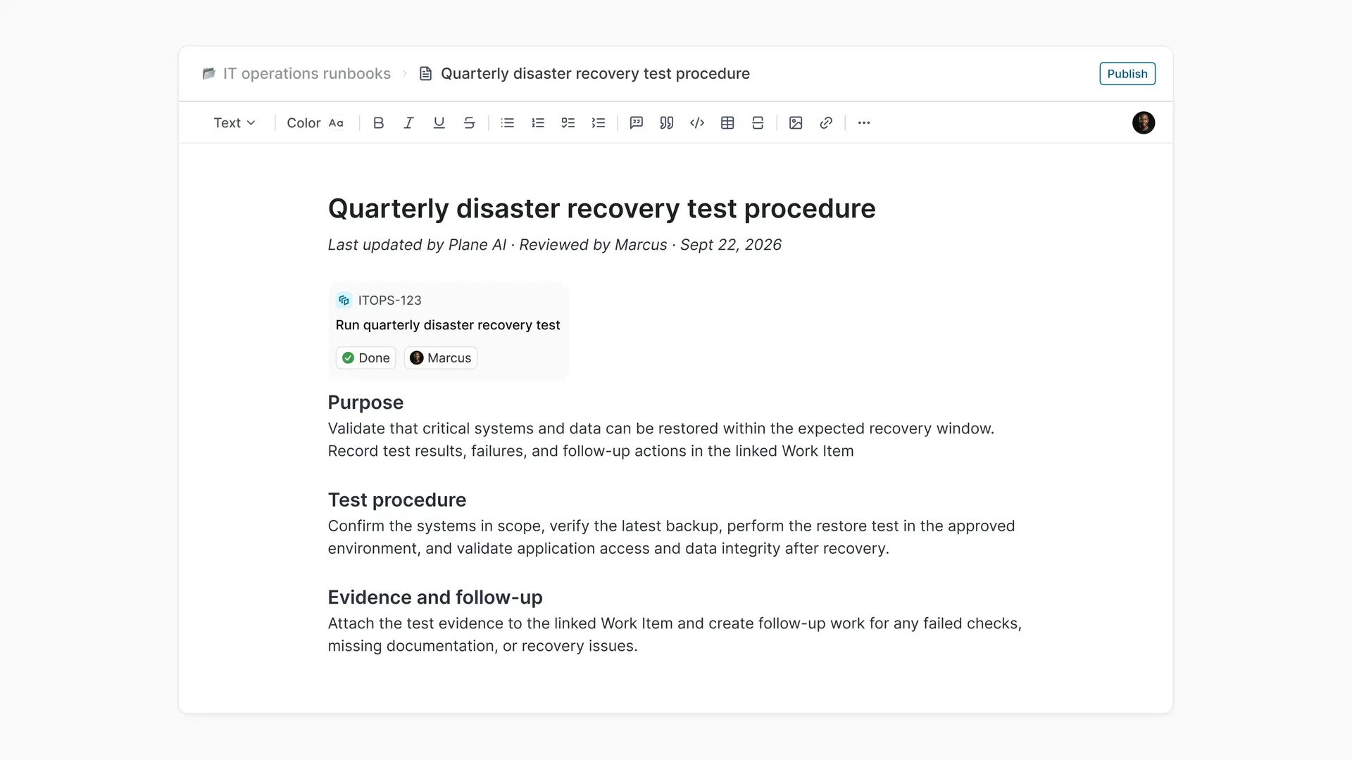 Plane Page for a quarterly disaster recovery test procedure, with purpose, test procedure, evidence and follow-up sections, and a linked Work Item.