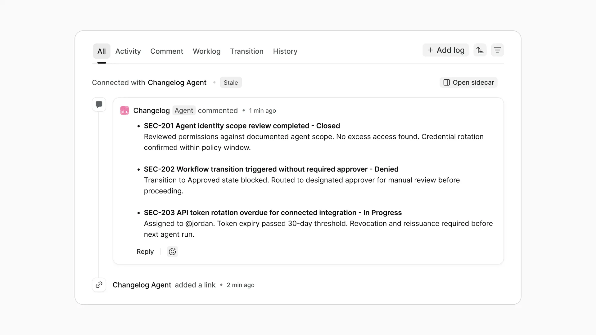 Plane agent in work-item history