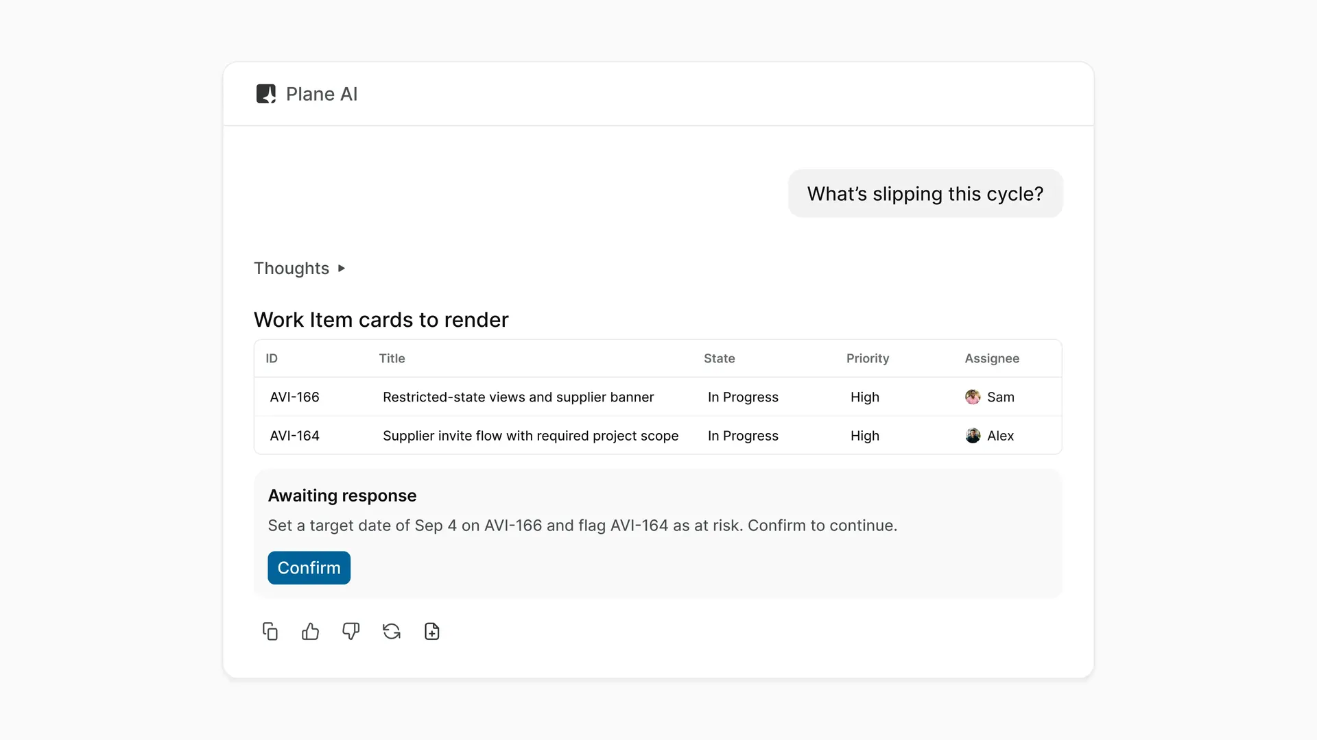 Plane AI answering "What's slipping this cycle?" with a table of two at-risk work items and a confirmation prompt before it sets a target date and flags one as at risk.