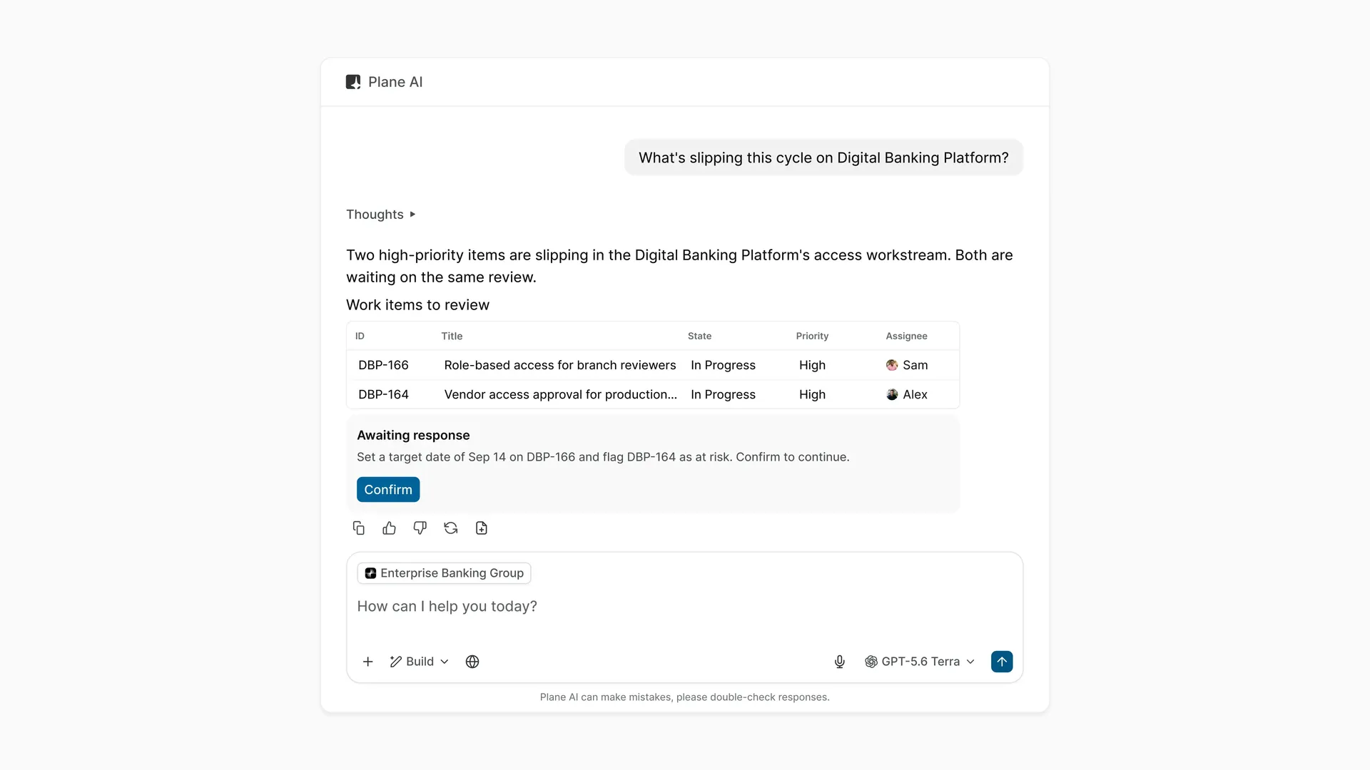 Plane AI identifying two delayed access work items and asking for confirmation before setting a target date and flagging risk.