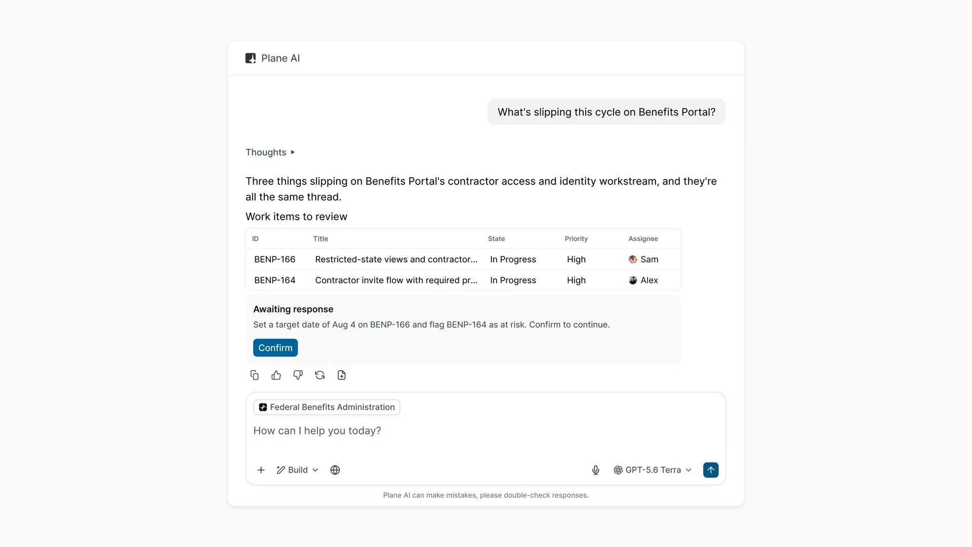 Plane AI answering what is slipping on the Benefits Portal cycle and asking to confirm a target date and at-risk flag