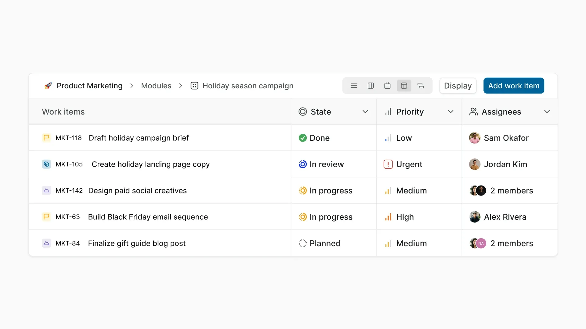 Holiday season campaign Module in Plane showing five marketing deliverables with their states, priorities, and assignees.