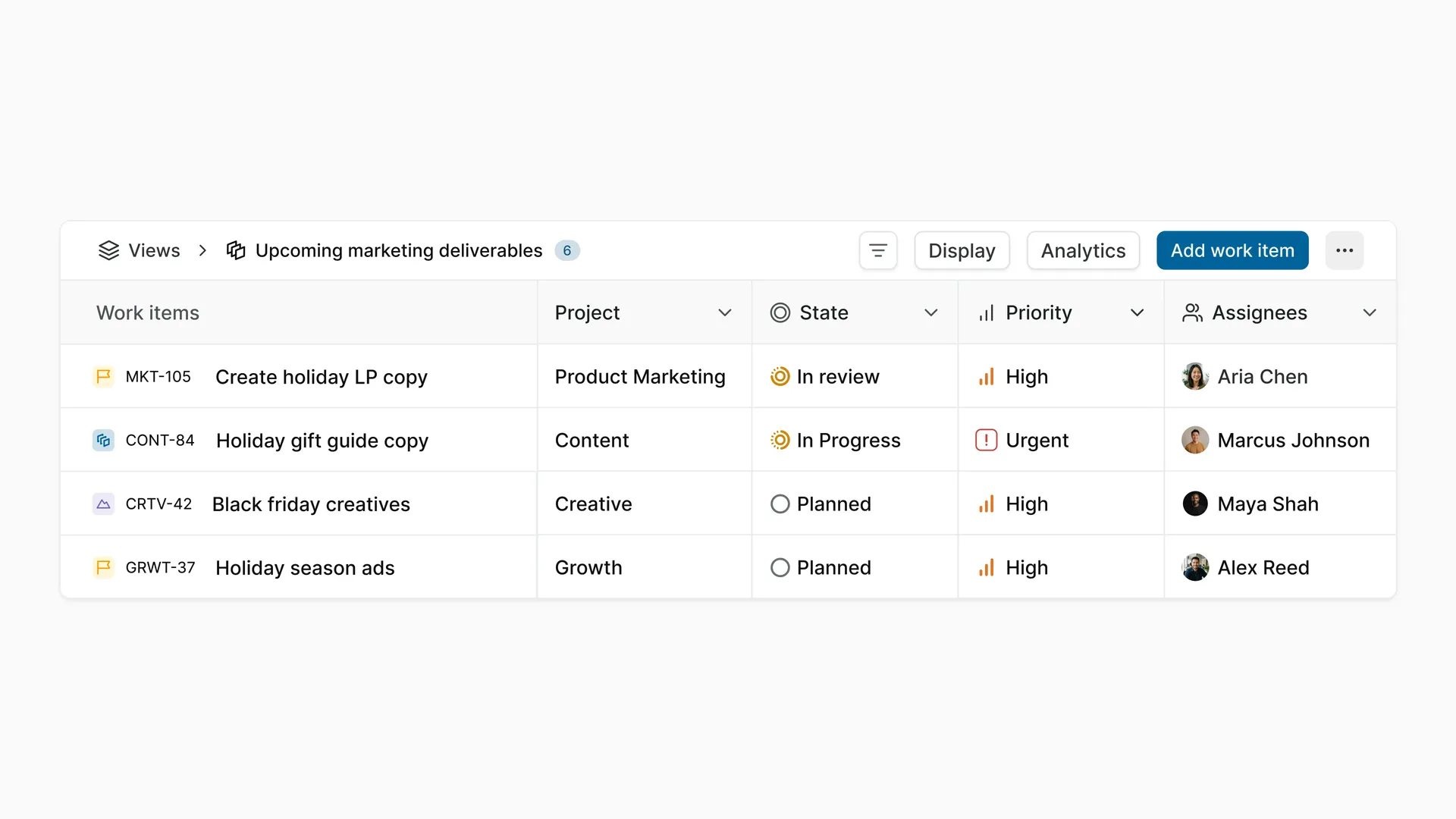 A saved View of upcoming marketing deliverables as work items.