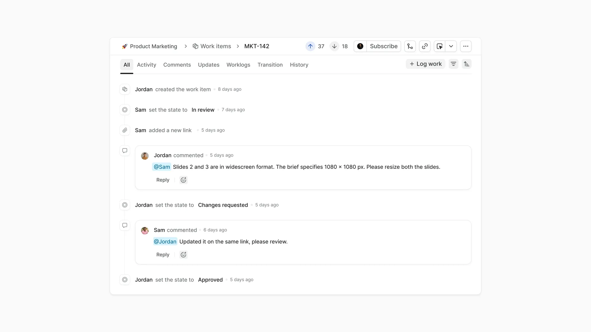 A Creative work item for a launch carousel showing the brief and dimensions, attached design file, review comment about the incorrect format, and current approval state.