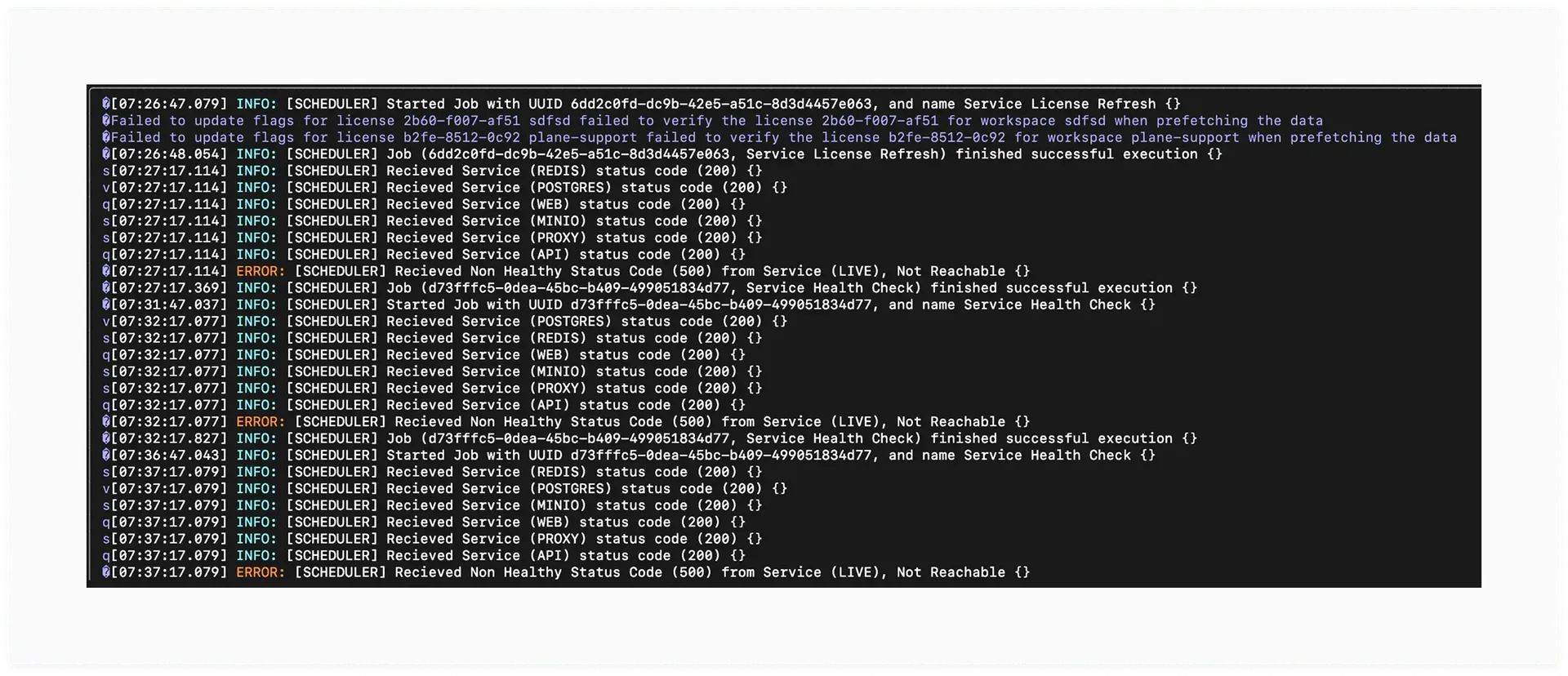 Screen showing container logs 