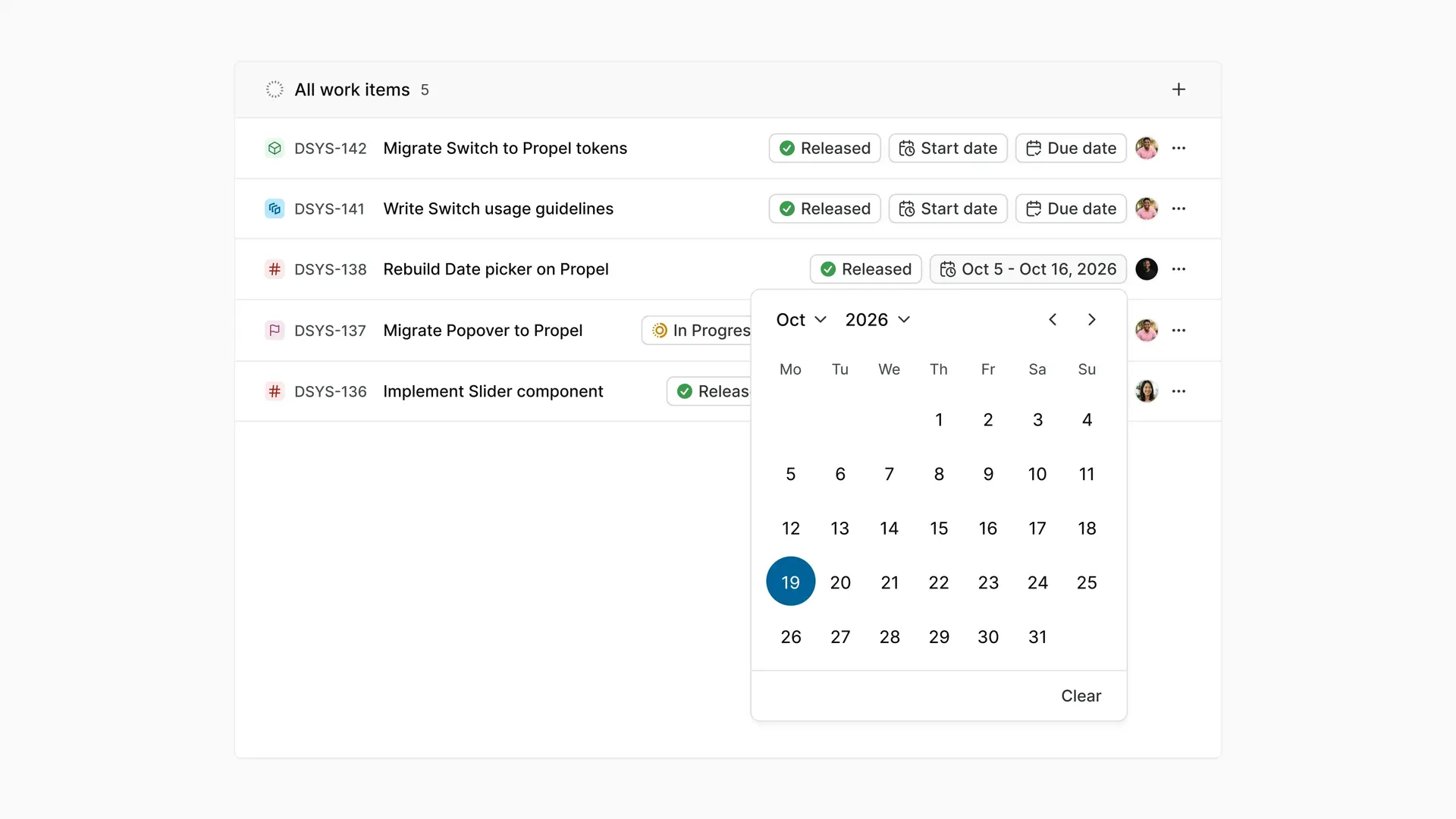 The calendar of a start date in the List layout, with Clear in the footer