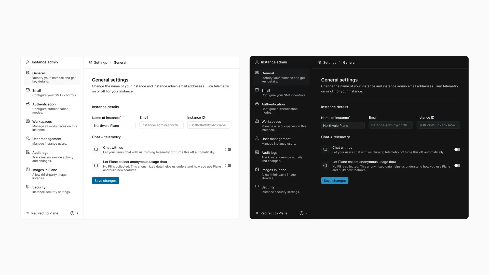 General settings in the instance admin app, in light and in dark