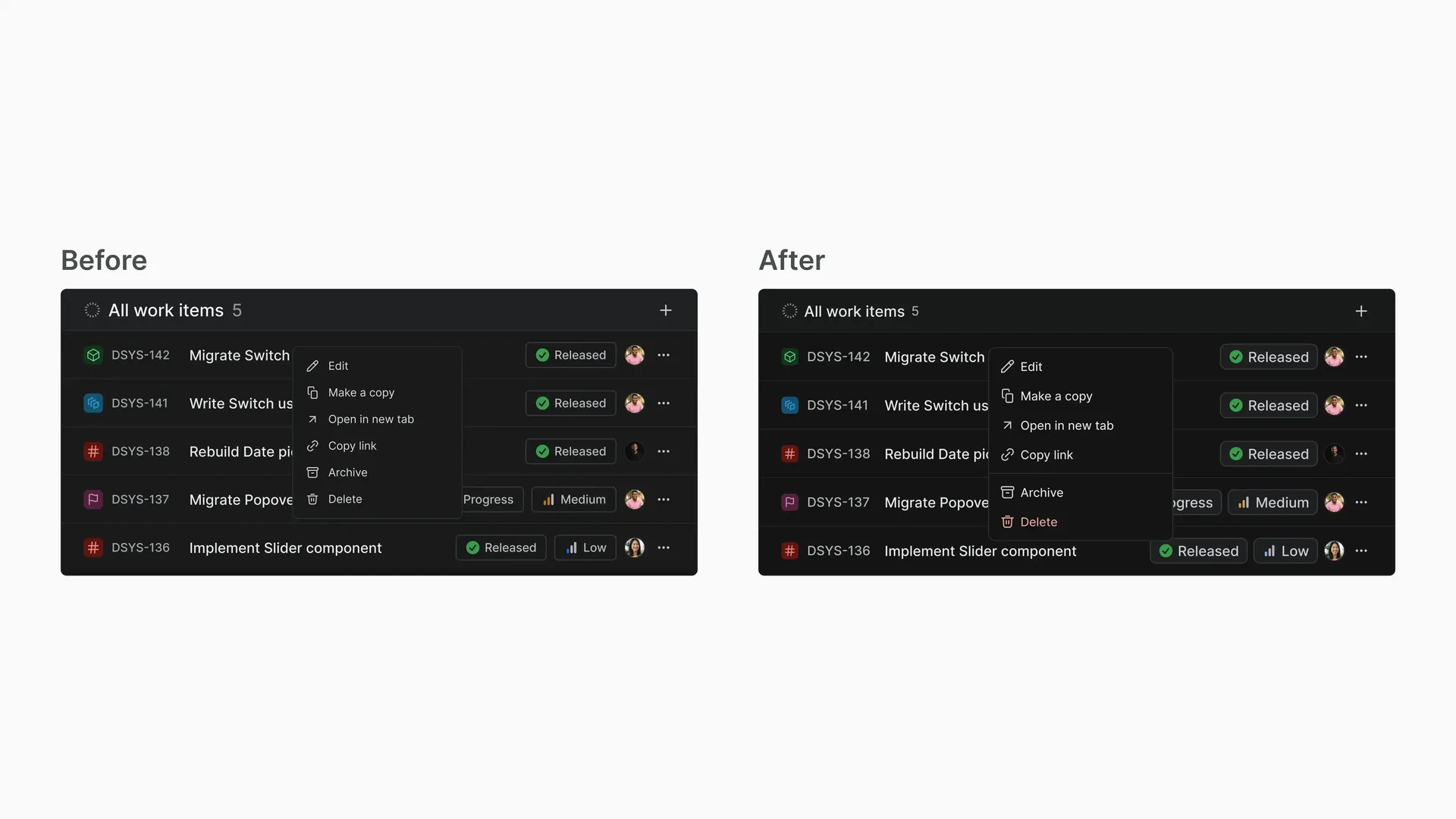 The same right-click menu in the dark theme, with the divider and red Delete carried over
