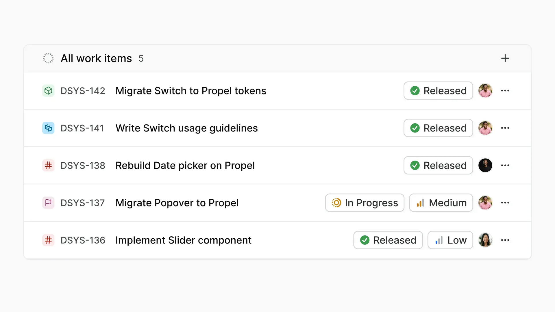 Work item rows in the List layout, built with Propel in Plane.