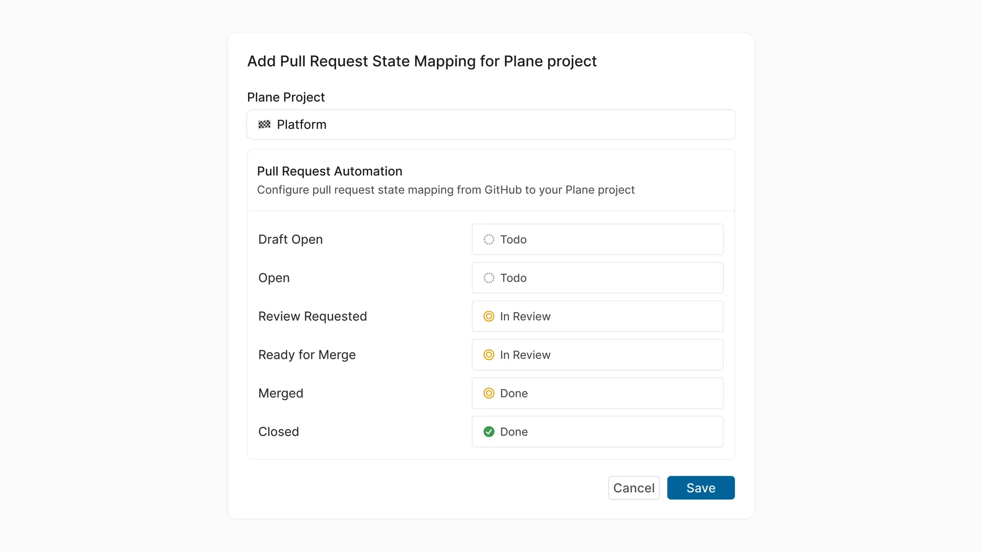GitHub pull request state mapping for the Corvo Platform project.