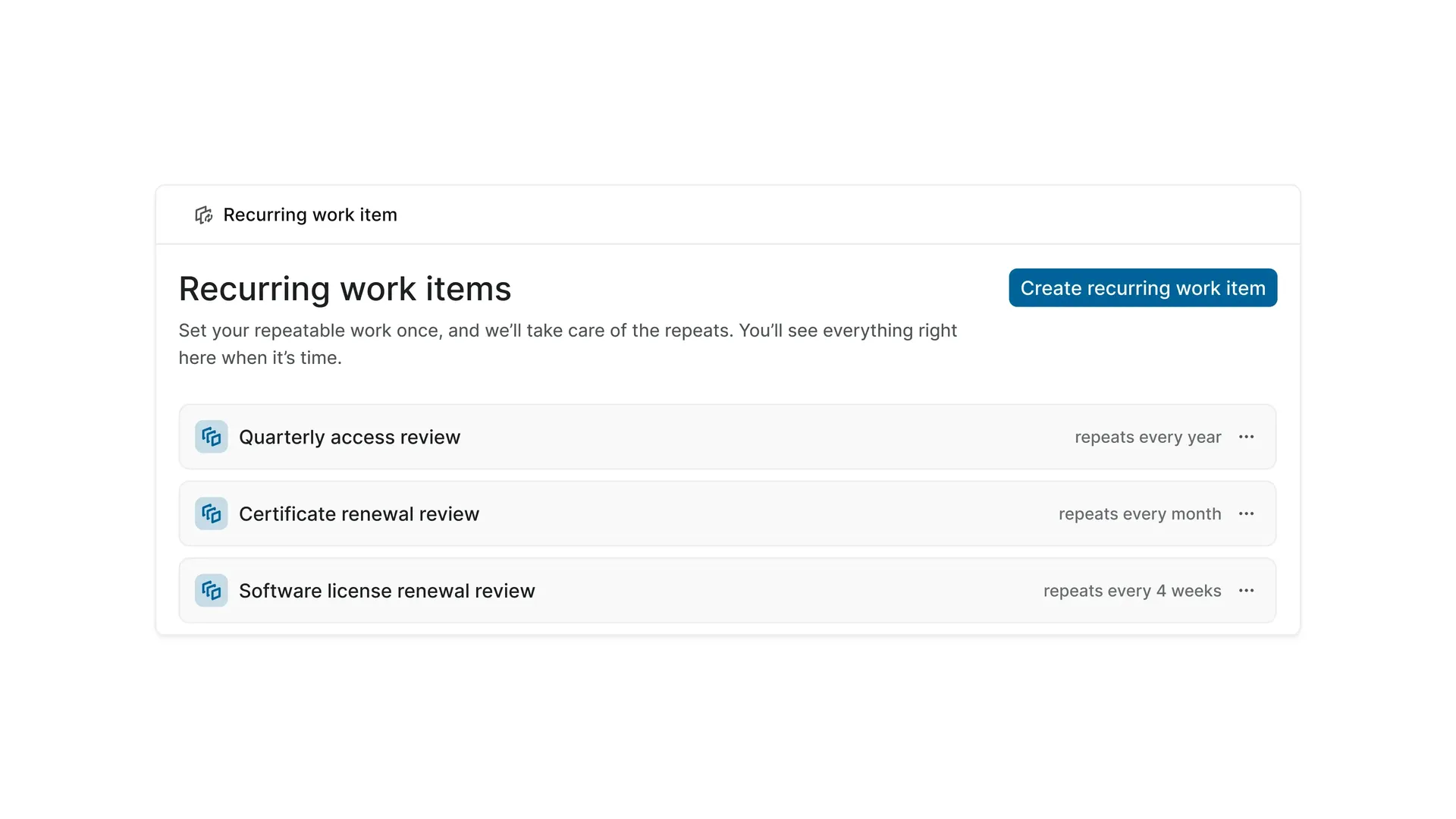 Plane Recurring Work Items showing scheduled quarterly access review, certificate renewal review, and software license renewal review tasks.