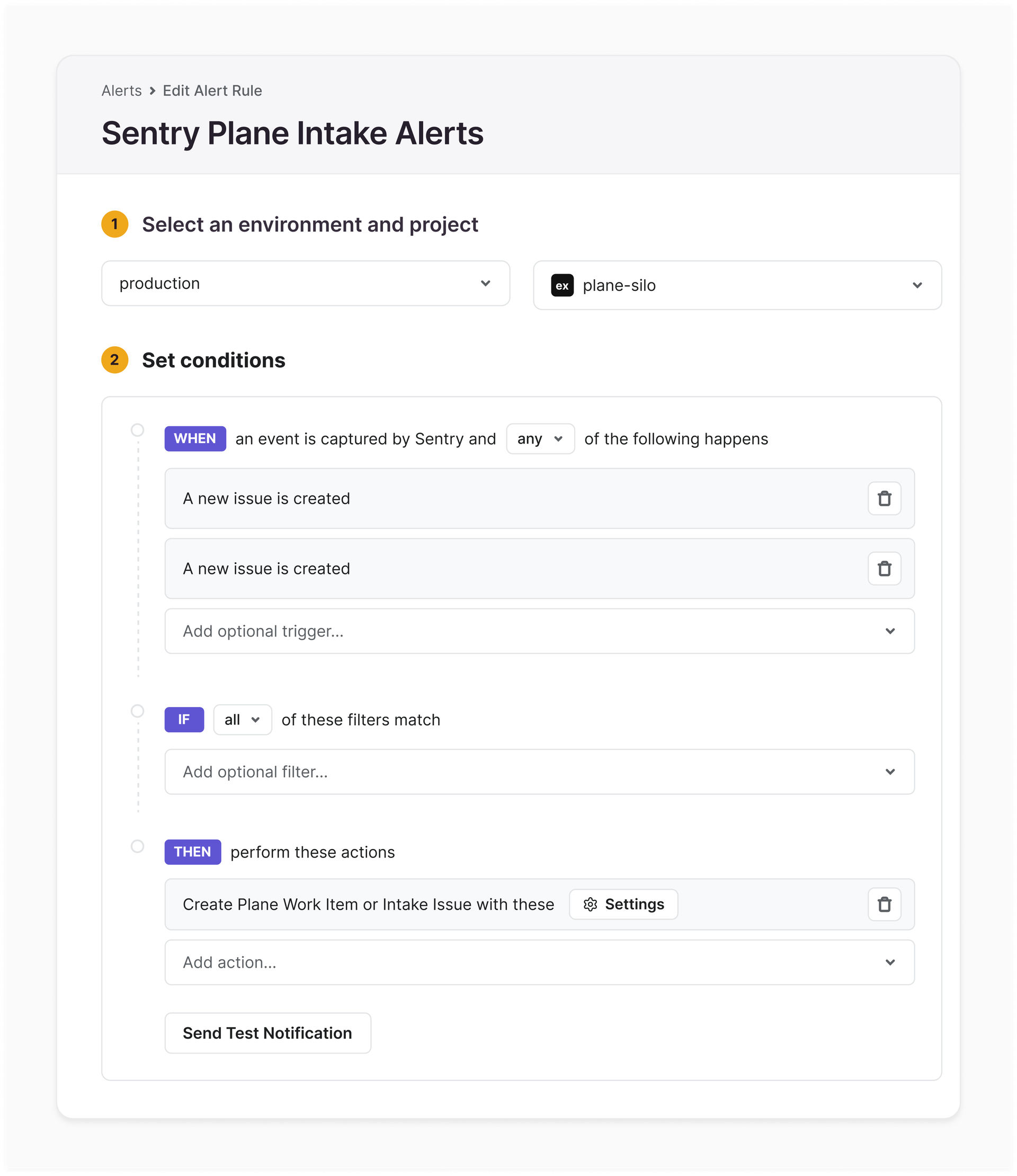 Sentry alert rule configured to create work items or Intake issues in Plane.