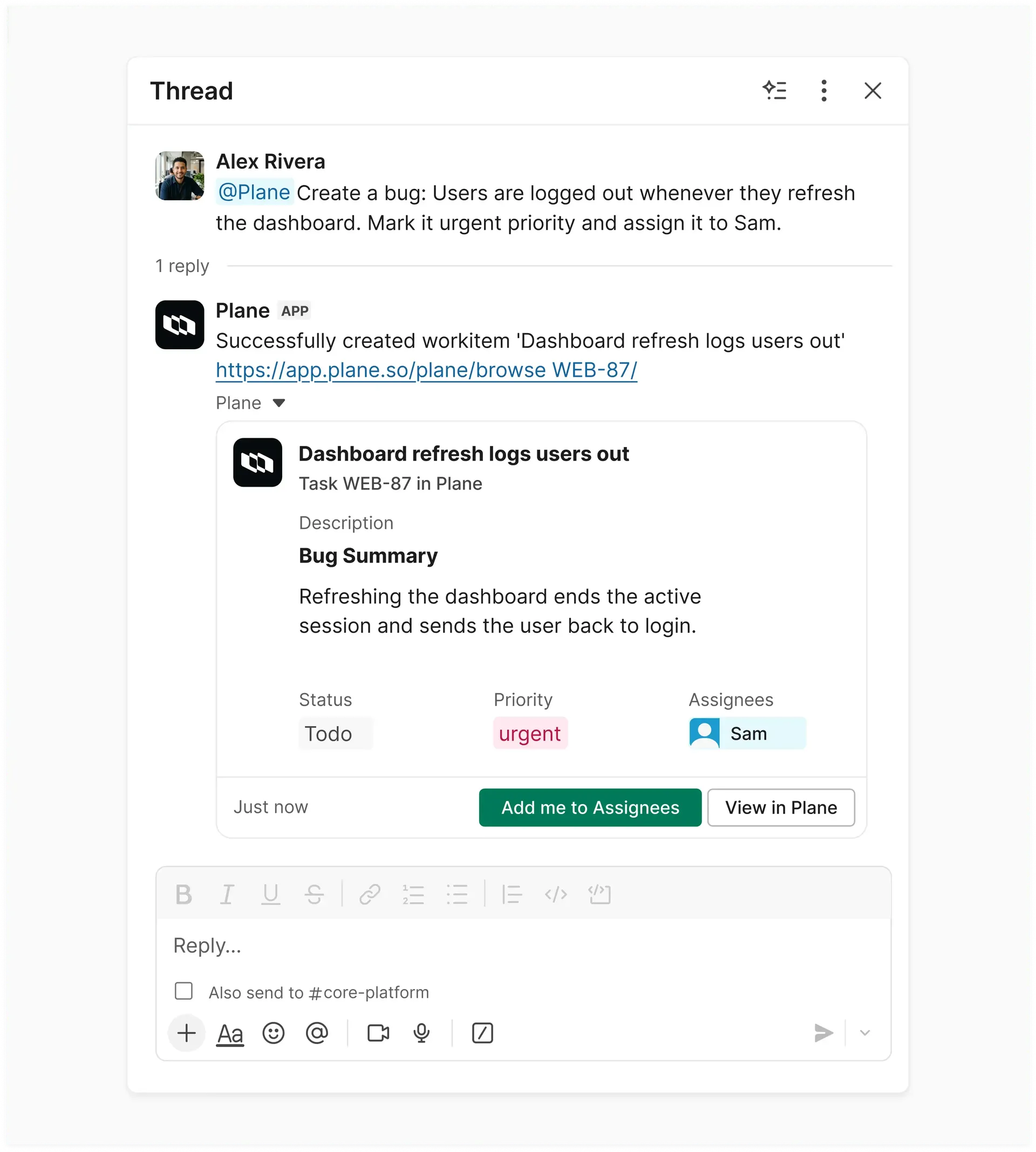 Creating a Plane Bug work item from a Slack message, with Thread Sync enabled.