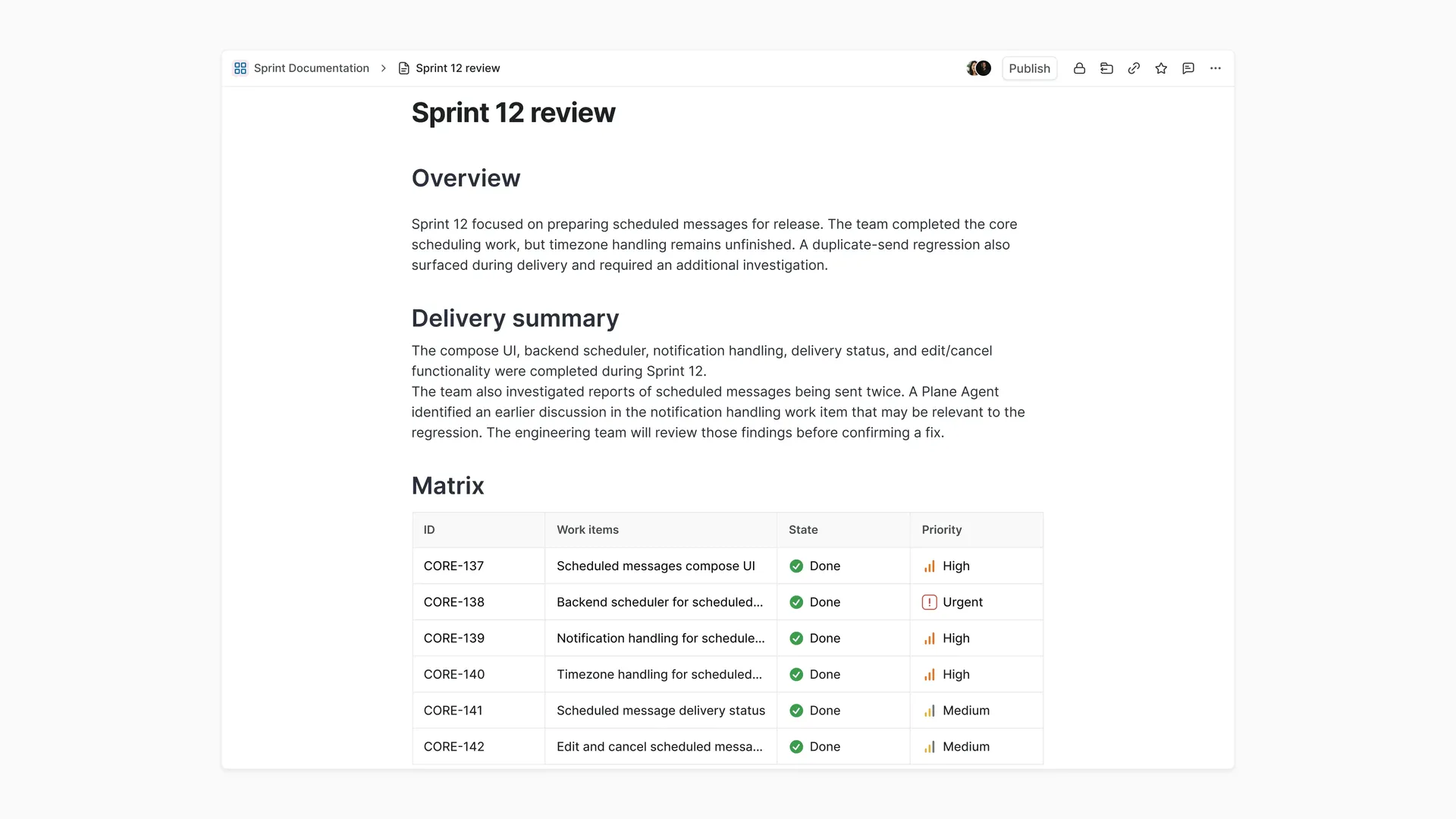 Wiki page with a review of the sprint and the feature build