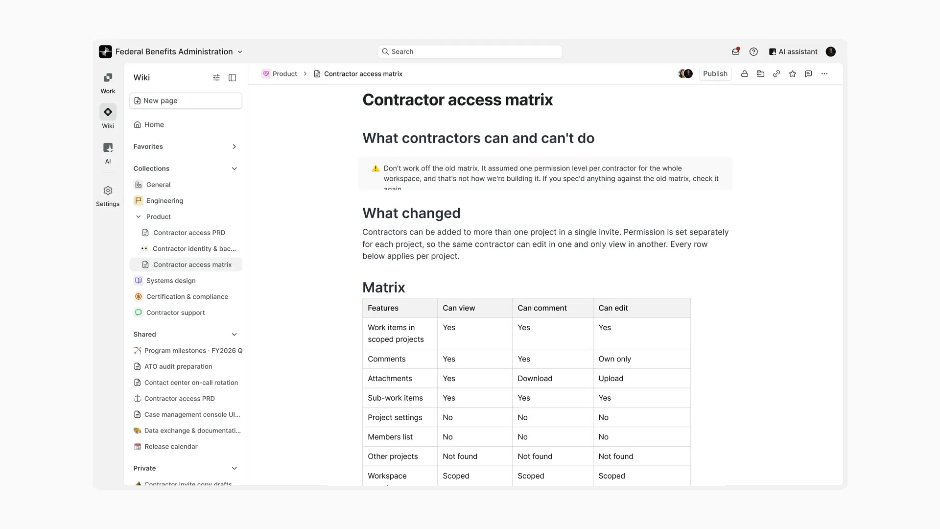 Contractor access matrix page in a Plane Wiki showing what contractors can view, comment on, and edit per project