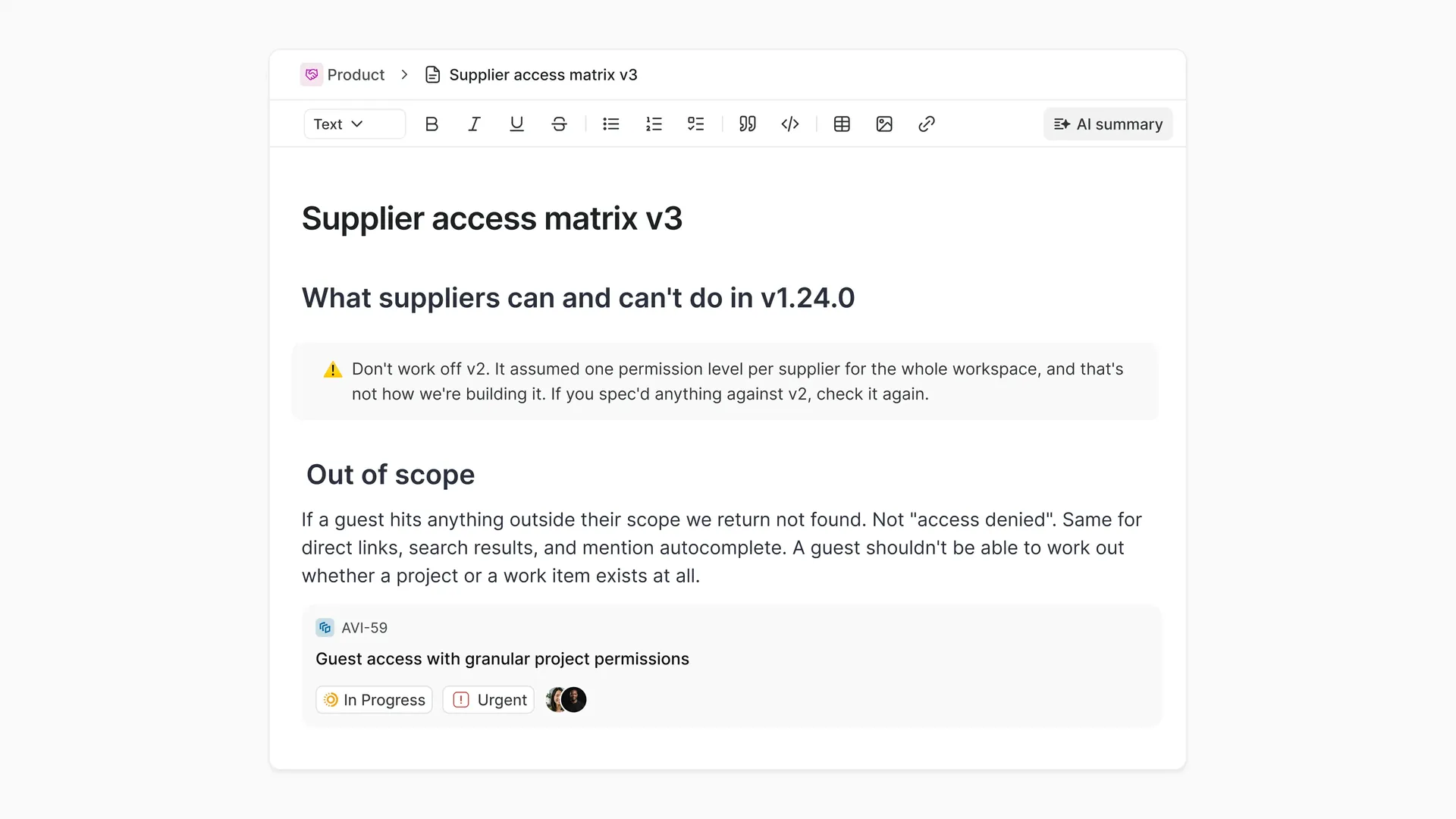 Plane page titled "Supplier access matrix v3", with a callout warning against working from v2, an out of scope section, and work item AVI-59 embedded inline.