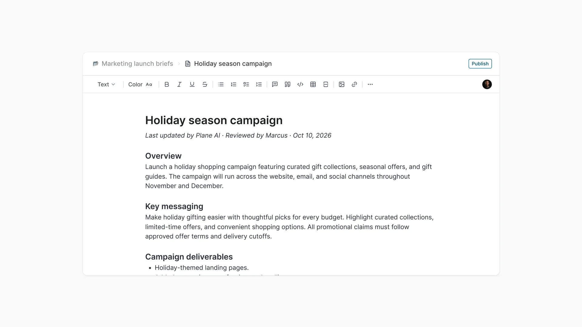 A Wiki page titled "Holiday season campaign" showing the campaign overview, approved key messaging, and planned deliverables across website, email, and social channels.