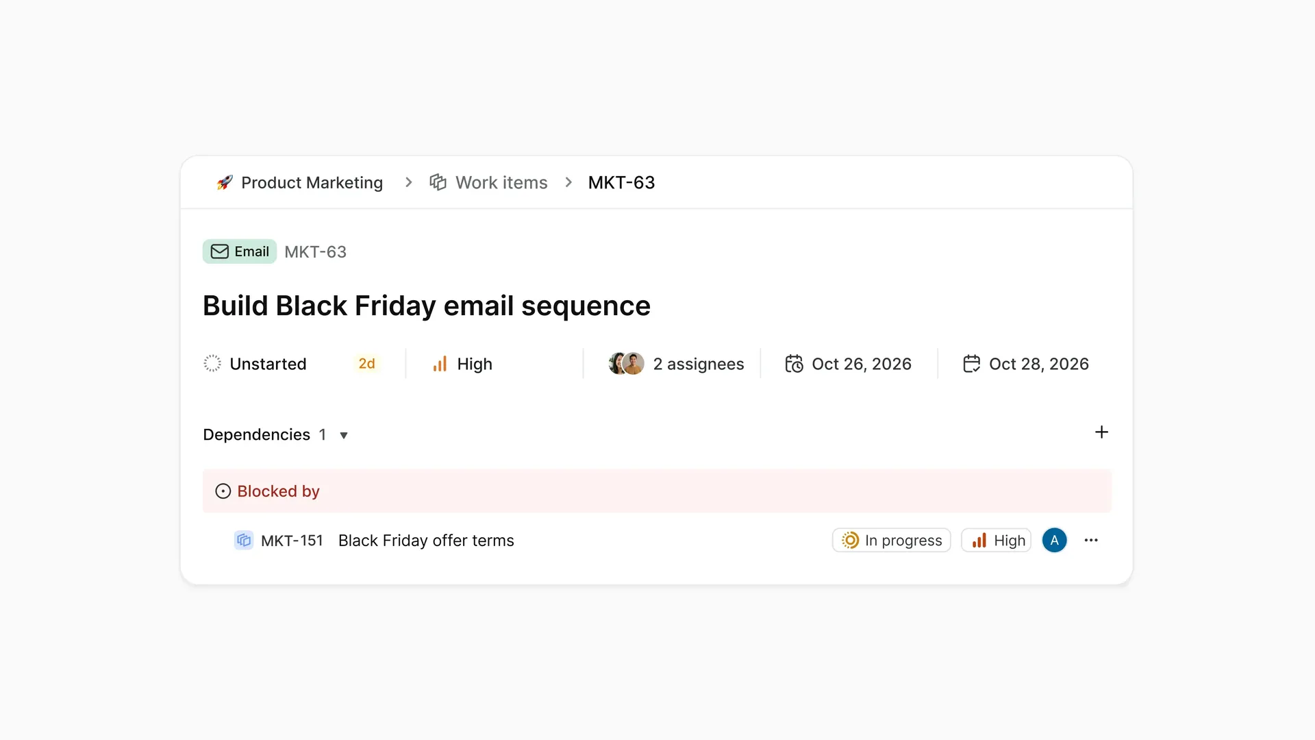 Black Friday email campaign work item in Plane showing a dependency on promotional offer approval
