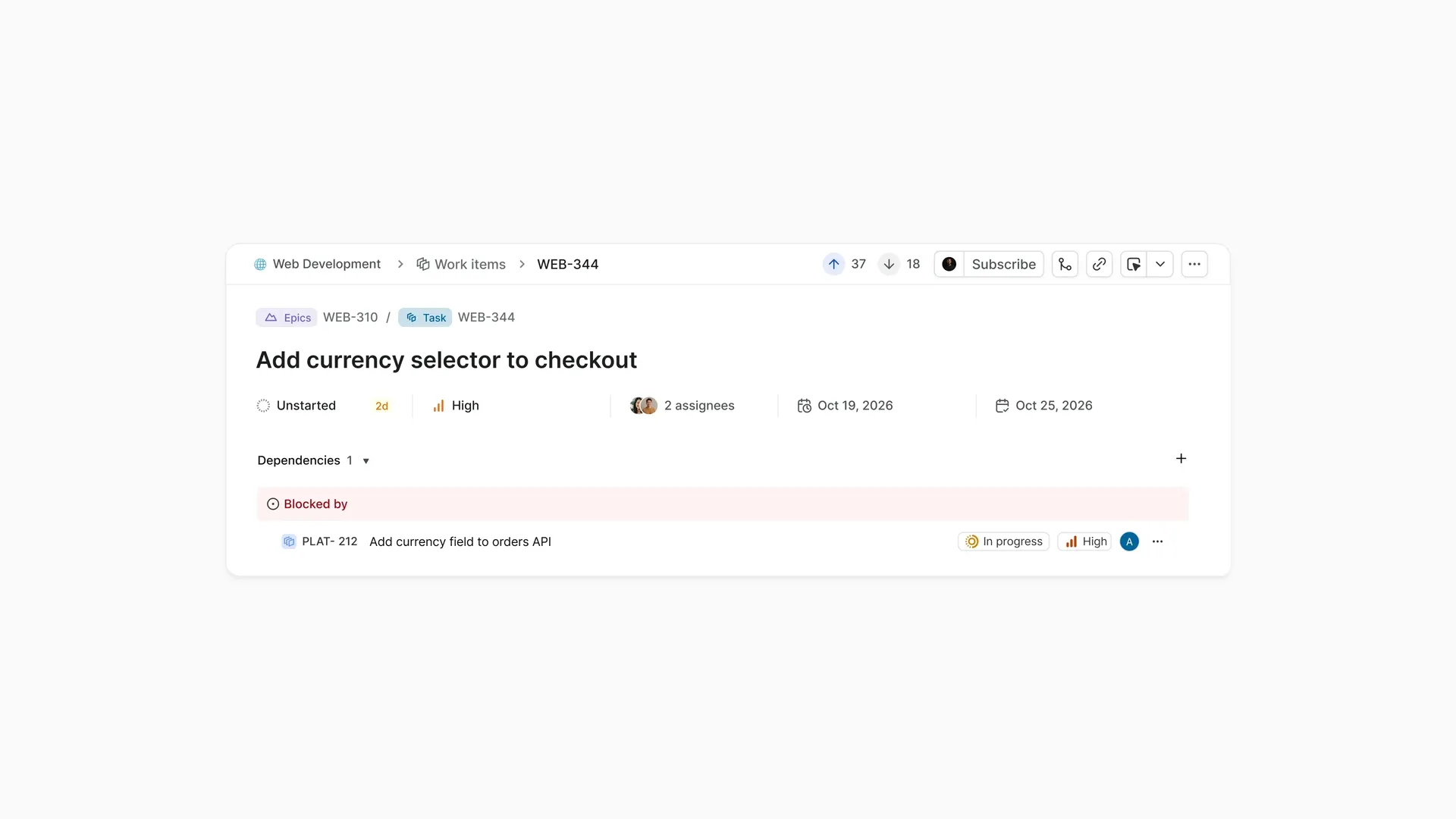 Checkout currency selector work item showing its blocked-by dependency on the API change.