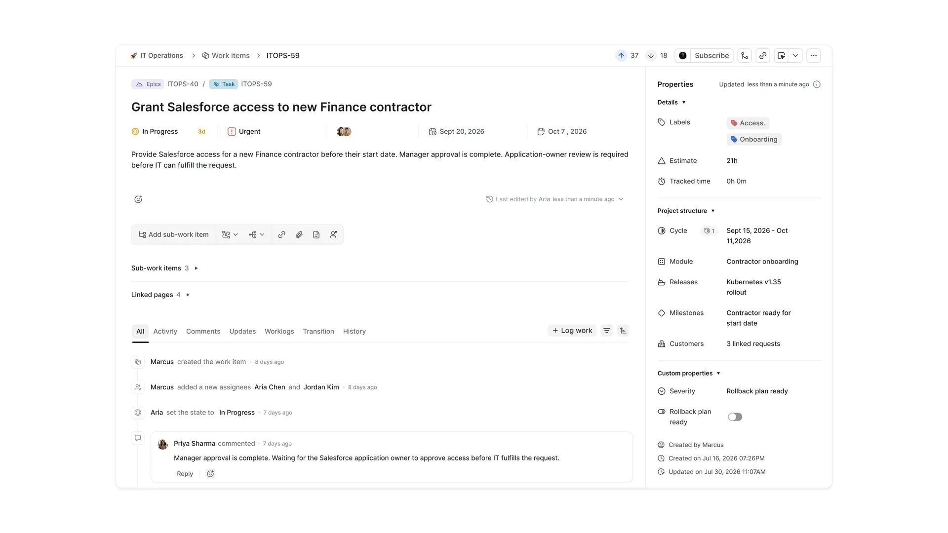 Plane Work Item for granting Salesforce access to a new Finance contractor, showing status, priority, assignees, dates, linked pages, activity, project structure, and custom properties.