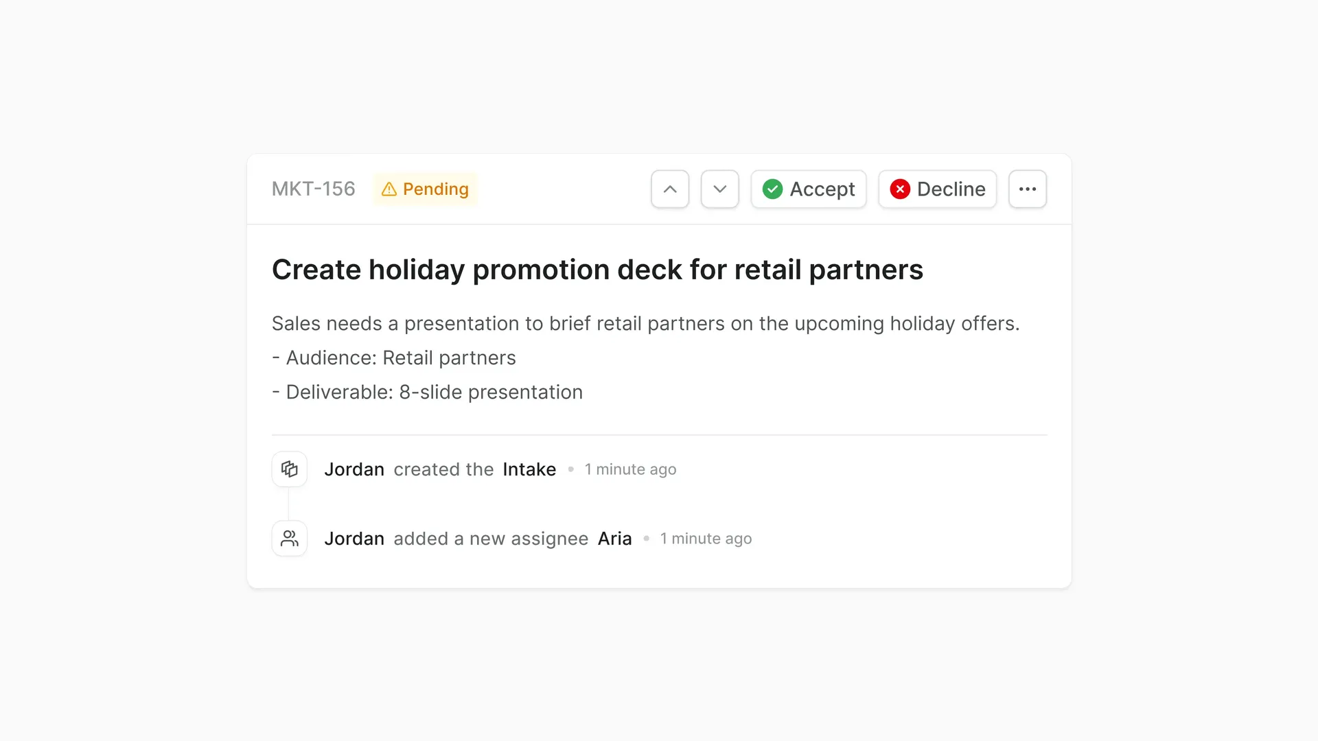 Pending holiday promotion deck request in Plane Intake, showing requirements