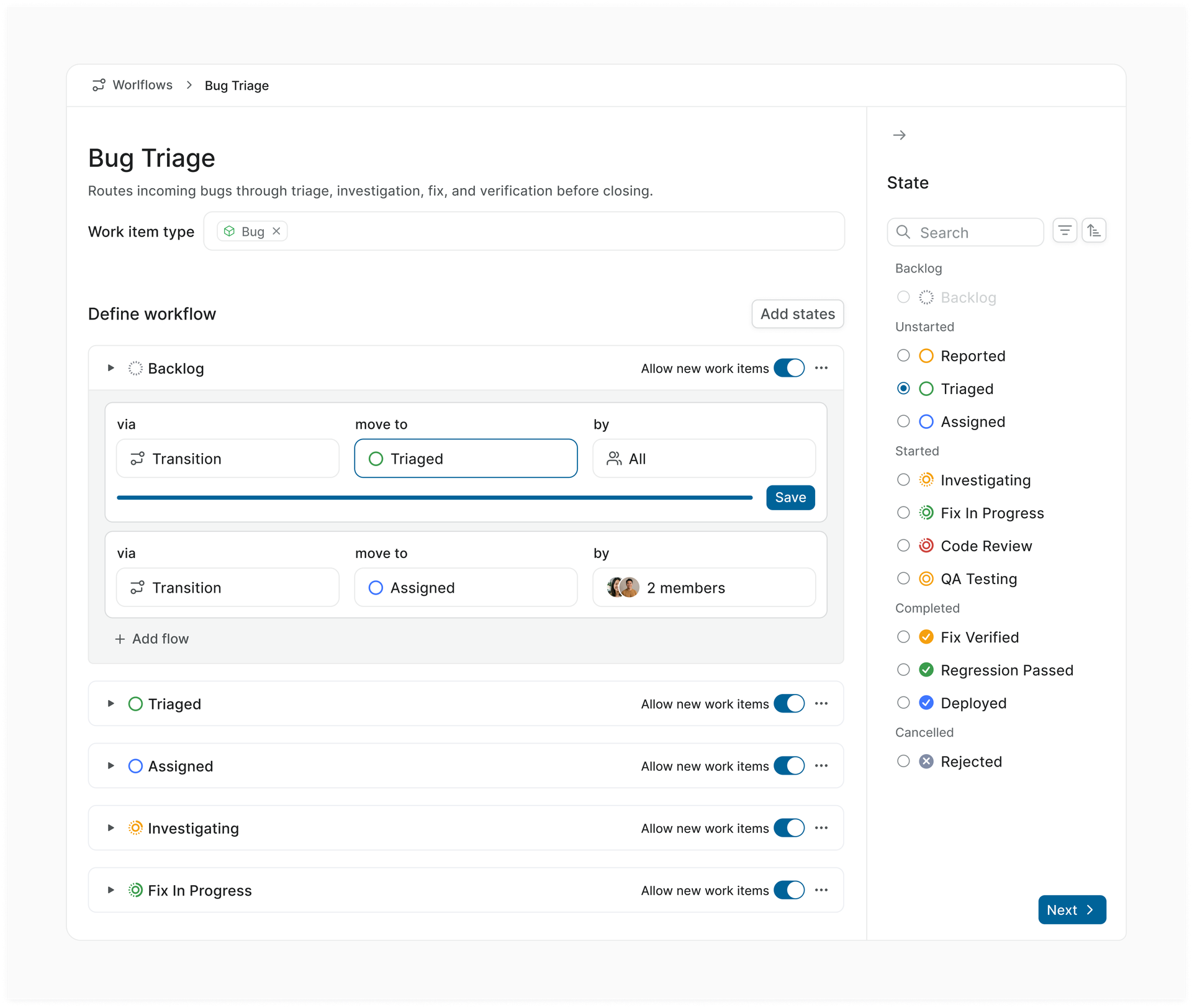 Plane's Workflows editor showing a Bug Triage workflow scoped to the Bug work item type, with transition rules from Backlog to Triaged and Assigned, and the project's Bug states listed by state group.