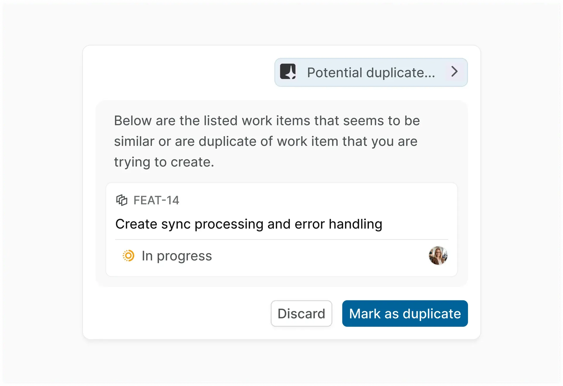 Duplicate work item detection in Plane