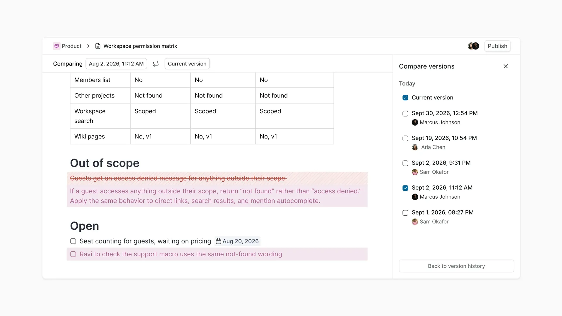 Plane Page version history comparing an earlier workspace permission matrix with the current version and highlighting added and removed content.