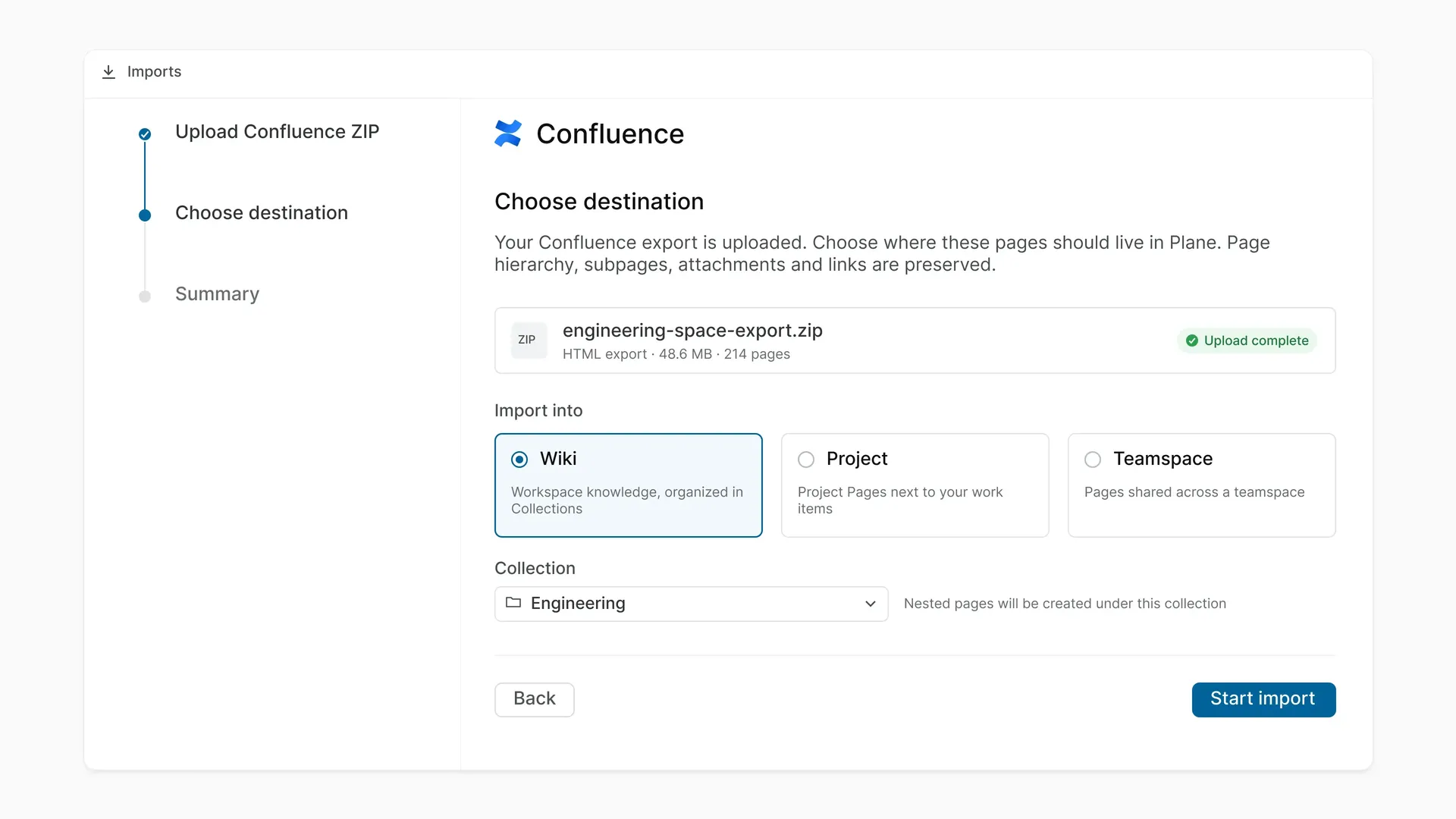 Plane Confluence importer showing Wiki, Project, and Teamspace destination options.