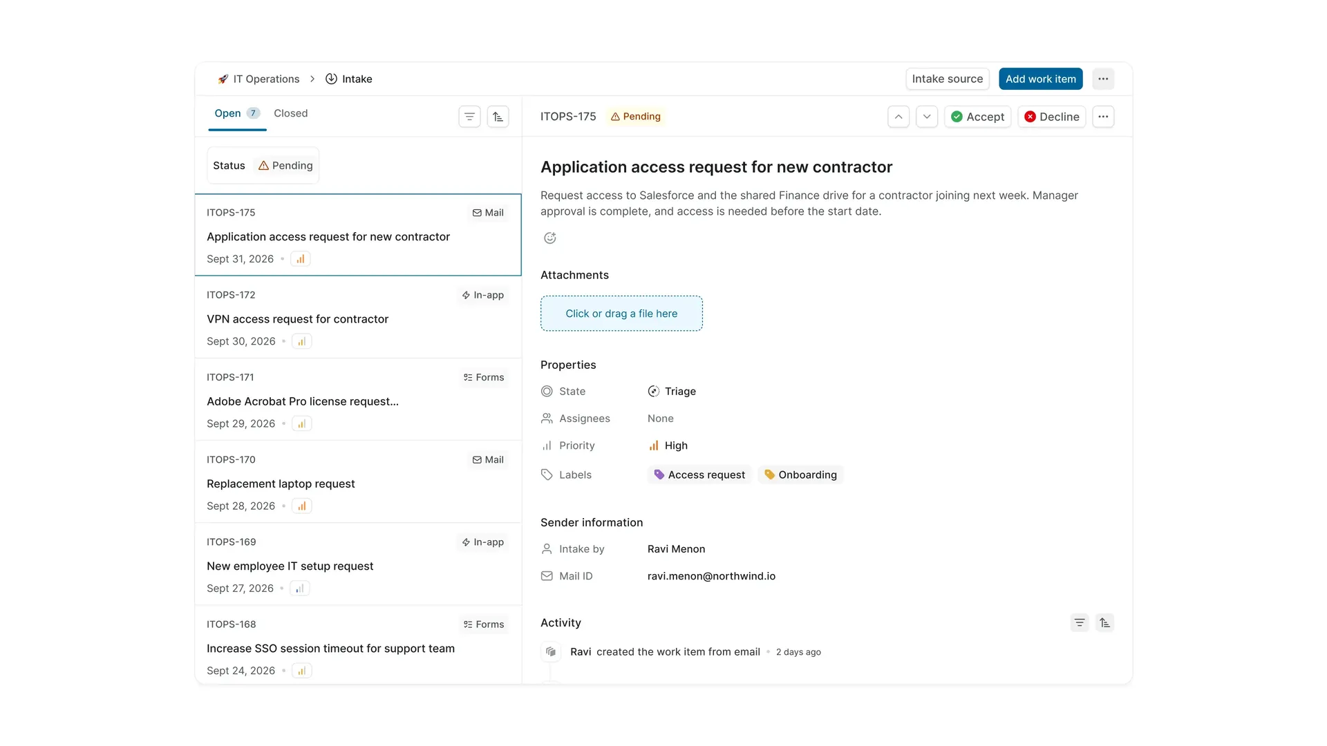 Plane Intake showing an application access request for a new contractor, with request source, triage state, priority, labels, sender information, and Accept and Decline actions