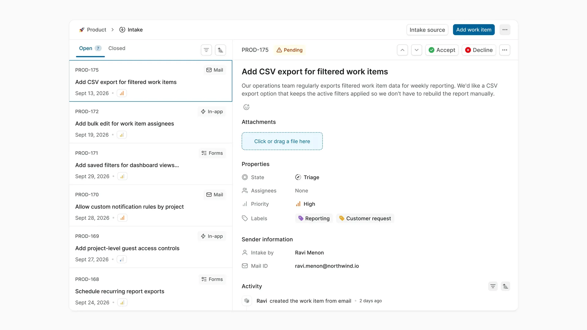 Plane Intake showing a pending feature request in Triage with source, priority, labels, and sender details.