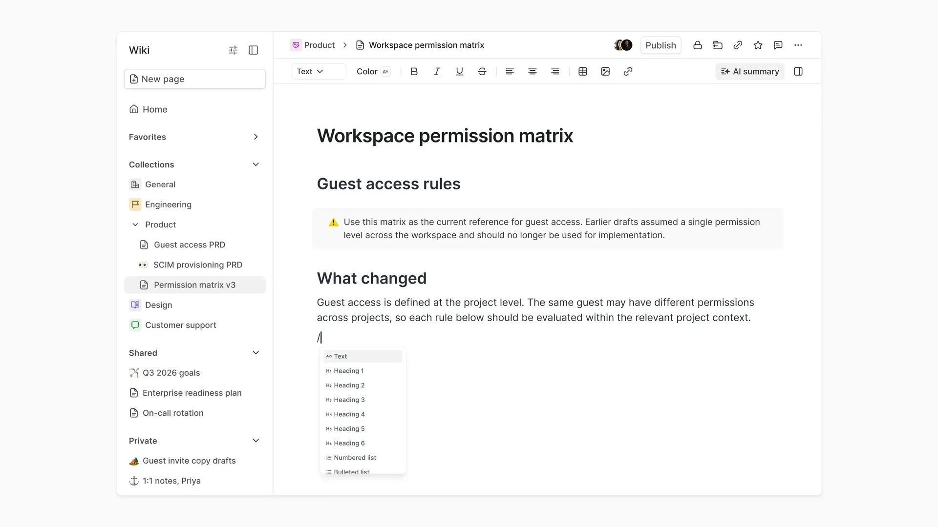 Plane Wiki Page editor showing a workspace permission matrix, formatting controls, a callout block, and the slash command menu.