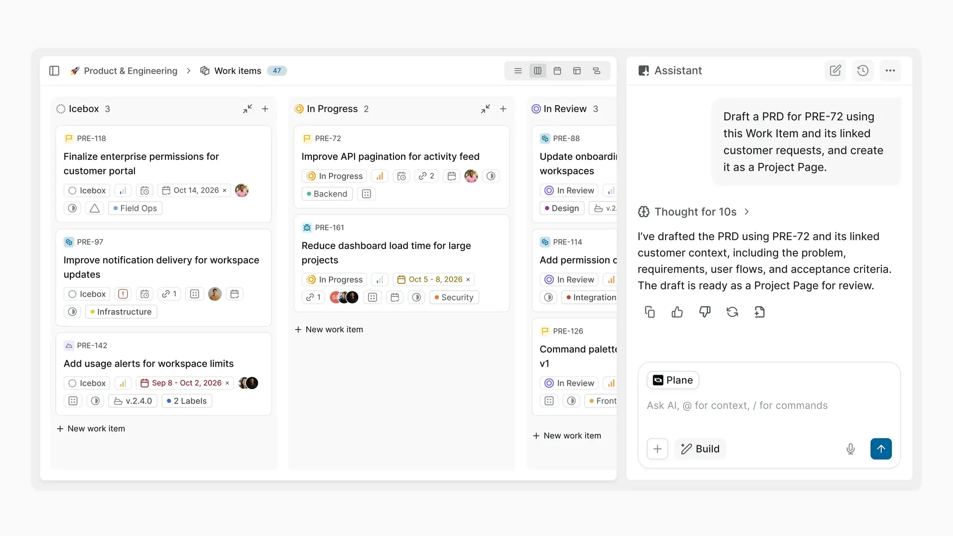 Plane AI using Work Item and customer context to draft a Project Page from the workspace.