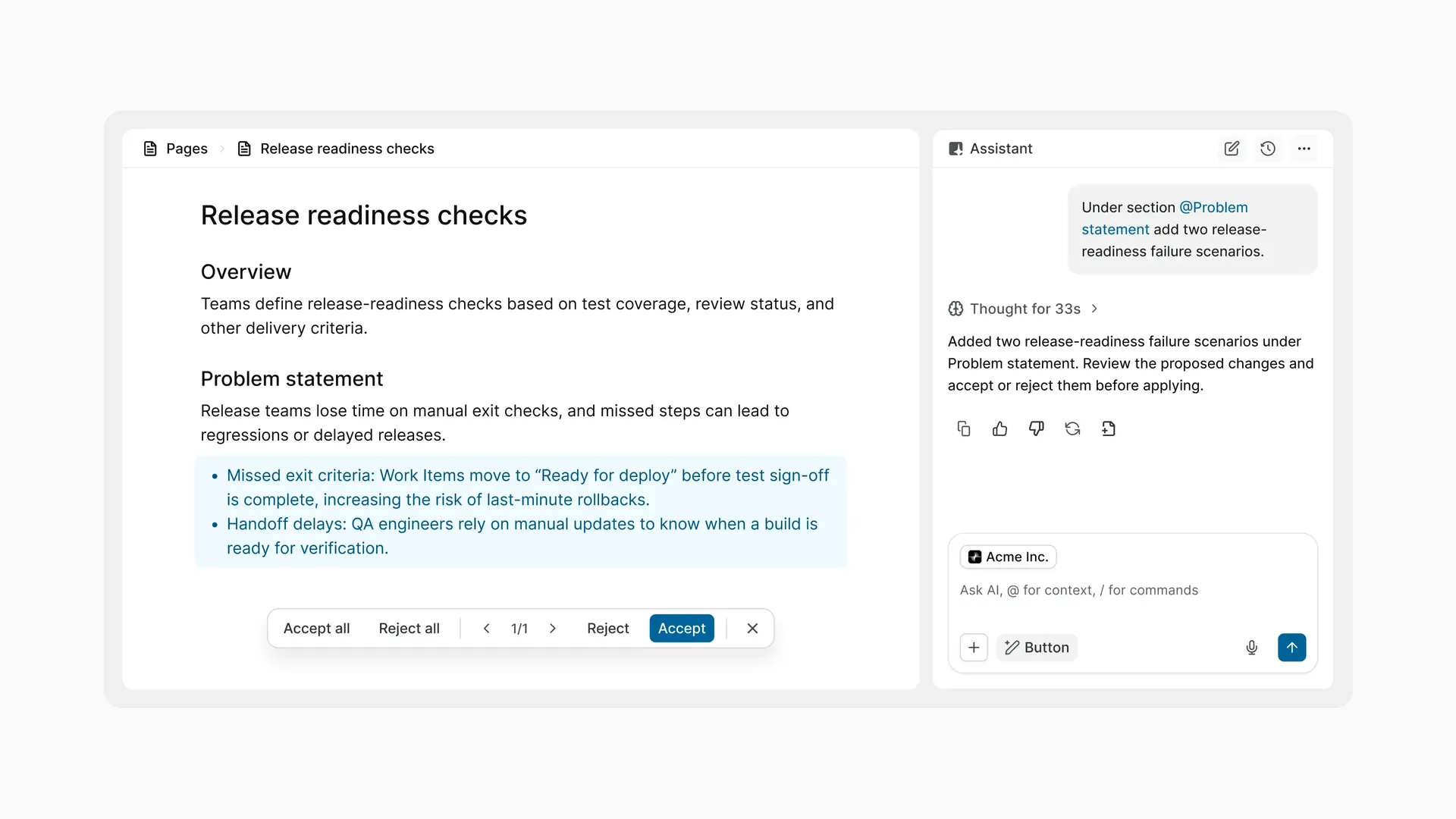 Plane AI suggesting edits inside a release readiness Page