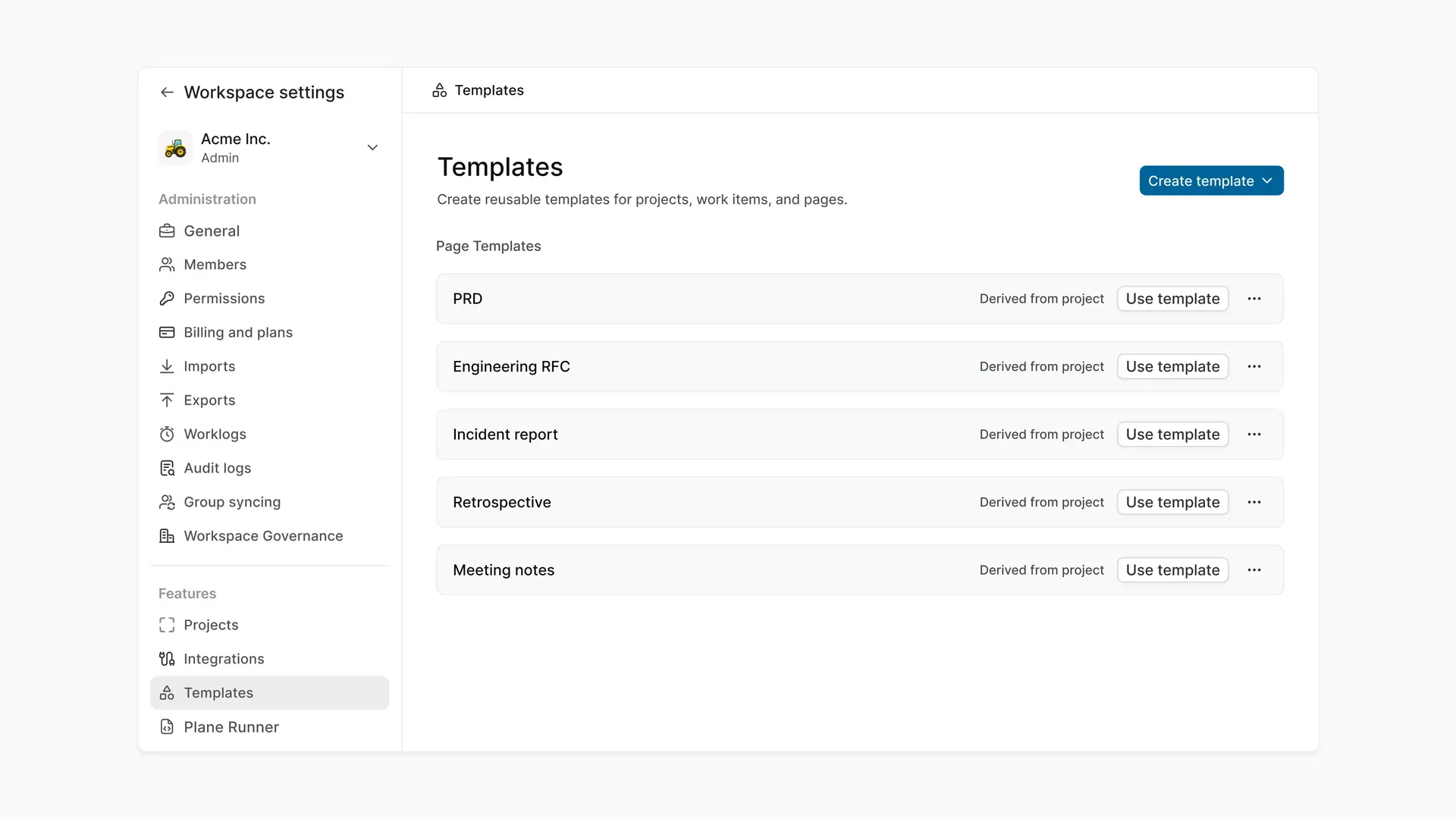 Plane Workspace settings showing reusable Page Templates for PRDs, engineering RFCs, incident reports, retrospectives, and meeting notes.