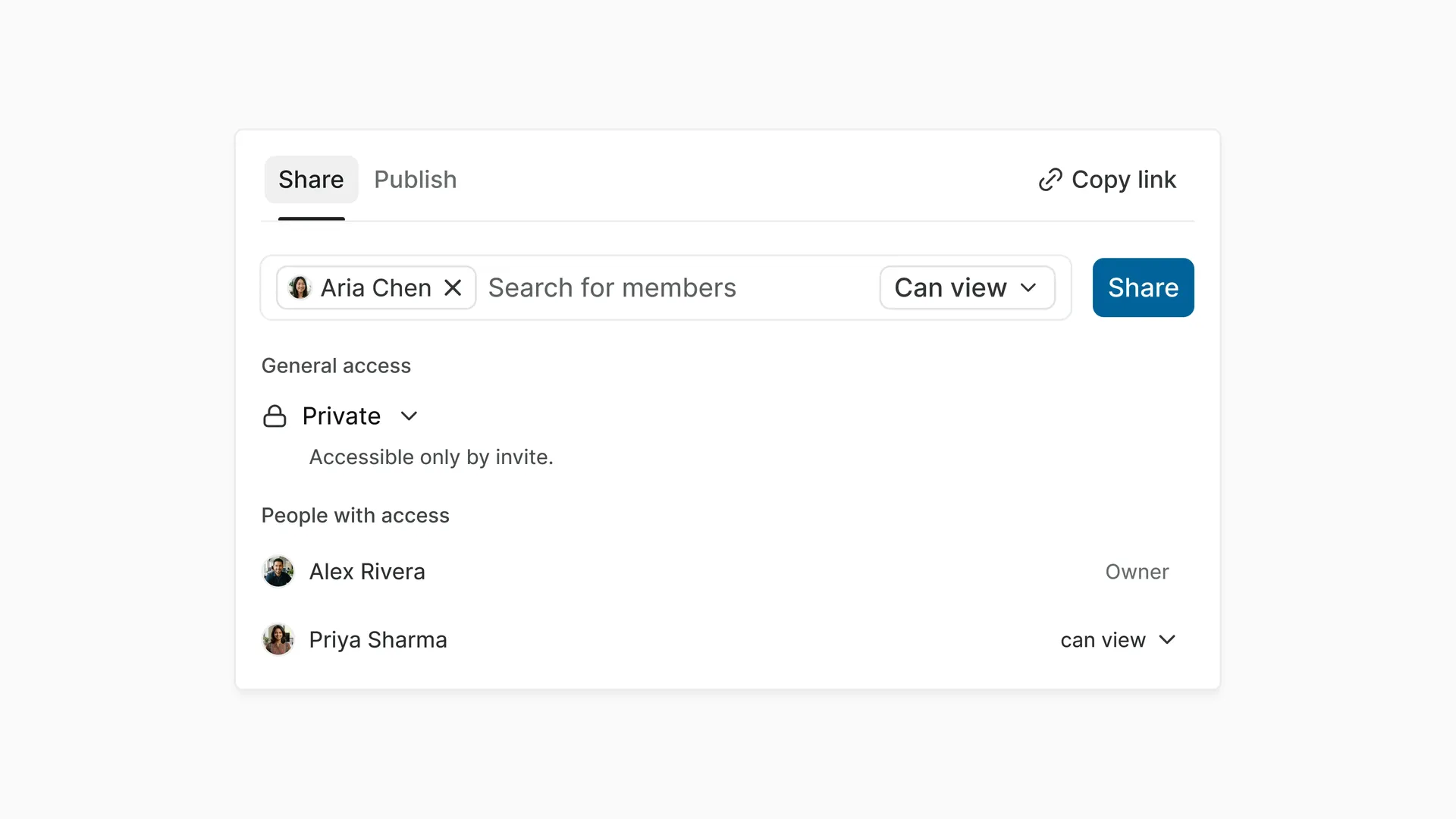 Plane sharing controls for a Private Wiki Page showing member access, invite-only visibility, and individual view permissions.
