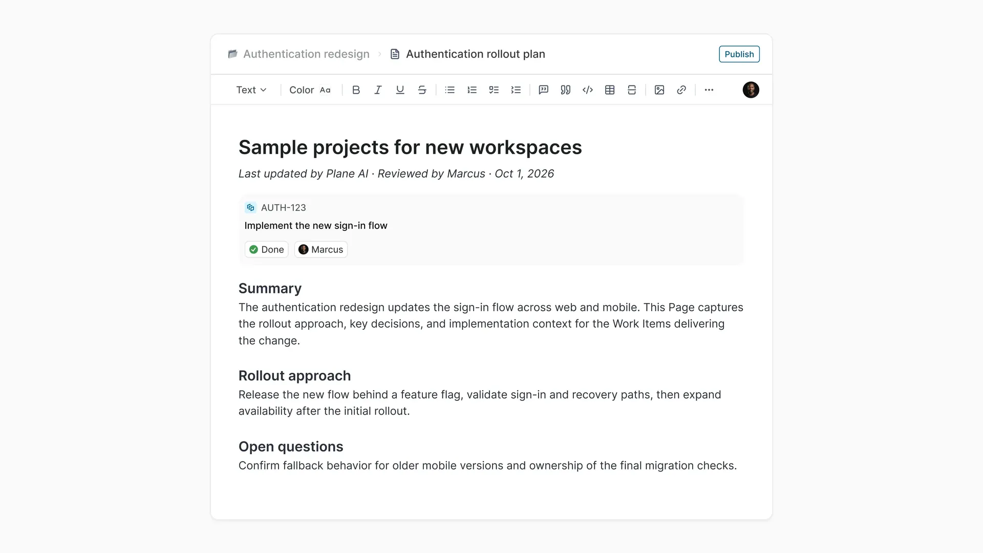 Plane Project Page for an authentication rollout plan with an embedded Work Item showing implementation status and assignee.