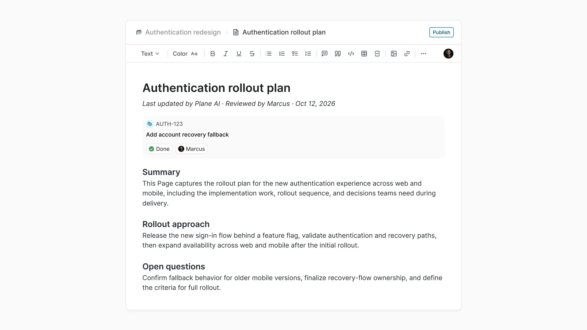 Plane Project Page showing an embedded Work Item alongside project documentation.