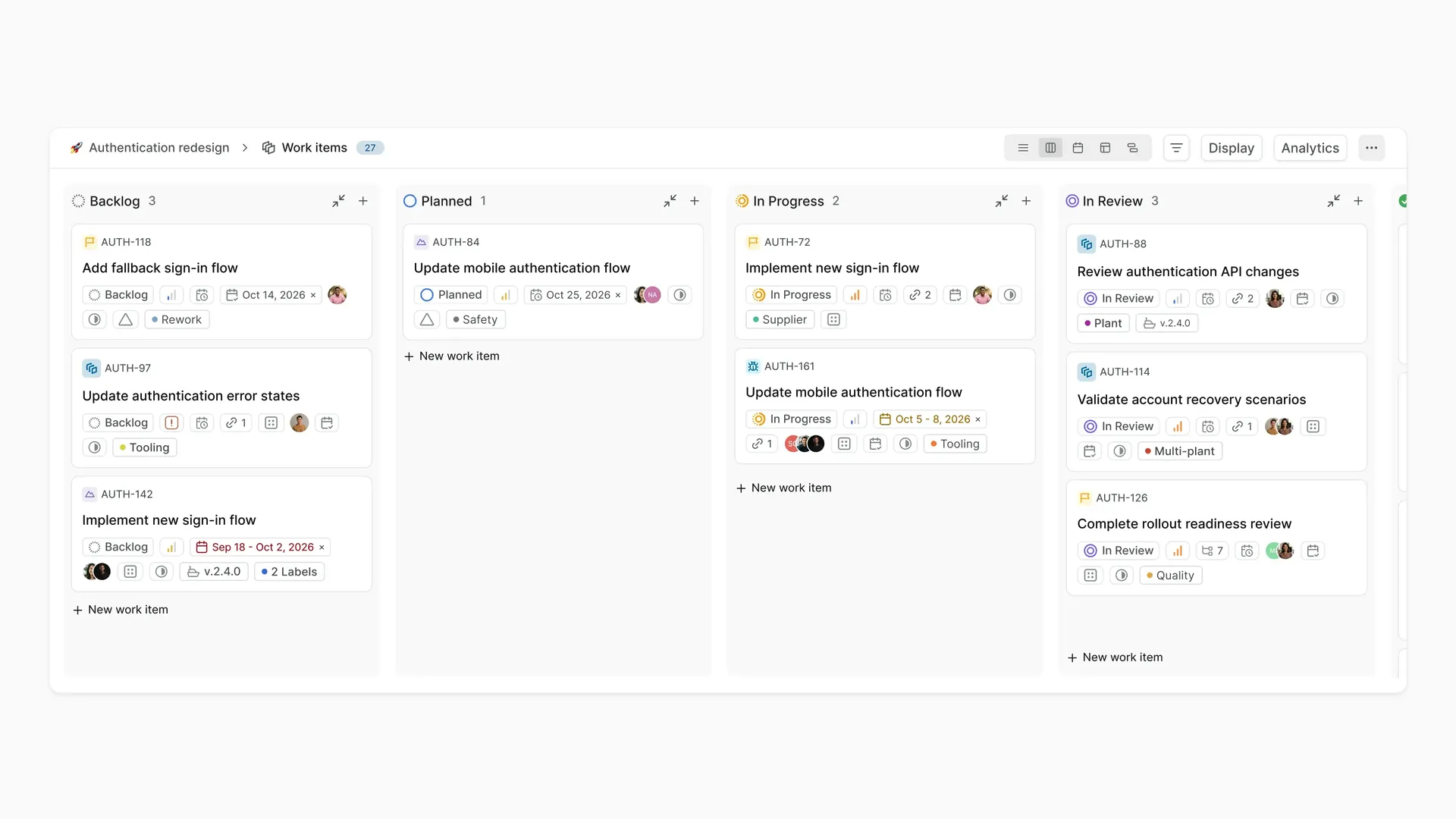 Plane Project Work Items displayed in a board view across workflow states.