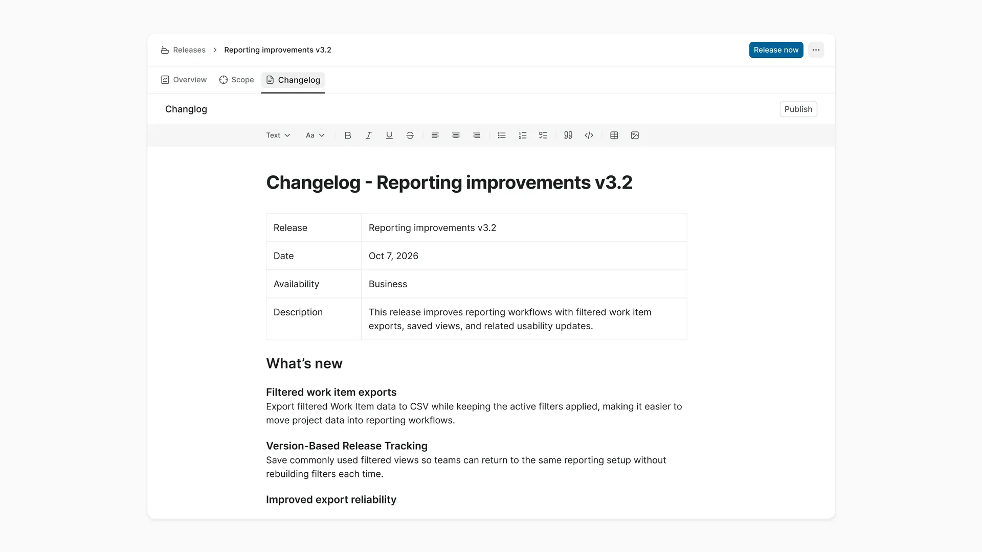 Plane Release Changelog showing release details and user-facing updates for reporting improvements v3.2.
