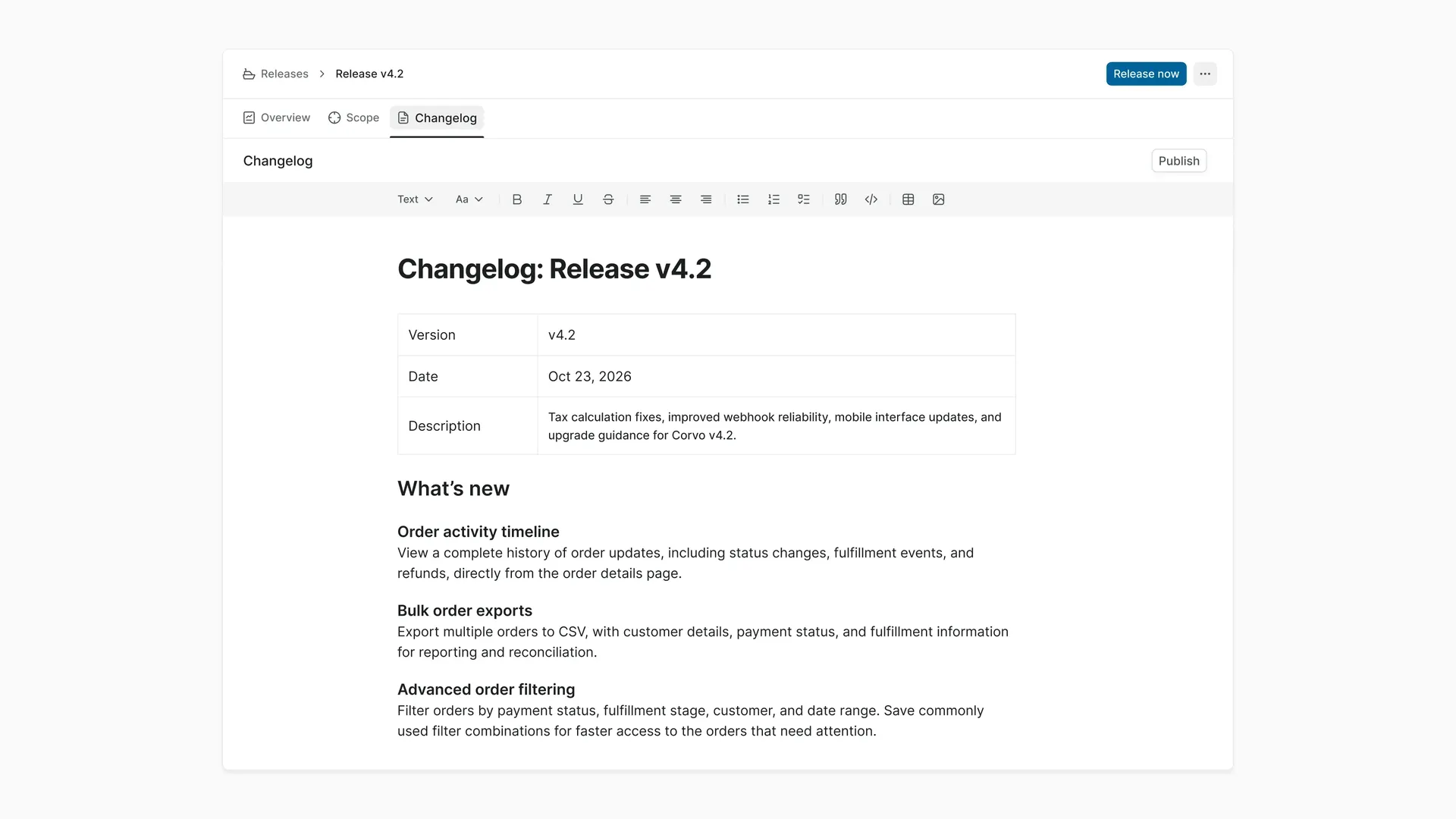 Completed Corvo v4.2 Changelog showing new features, improvements, fixes, and upgrade guidance.