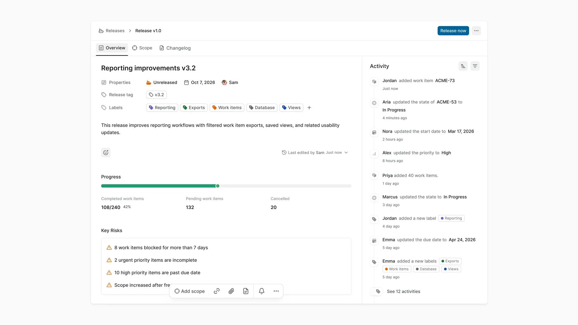 Plane Release overview showing reporting improvements, progress, pending Work Items, key risks, labels, and recent activity.