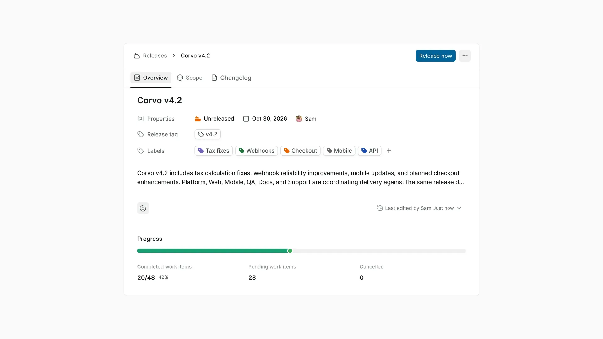 Corvo v4.2 Release Overview showing the target date, lead, and 20 of 48 completed work items (42%).