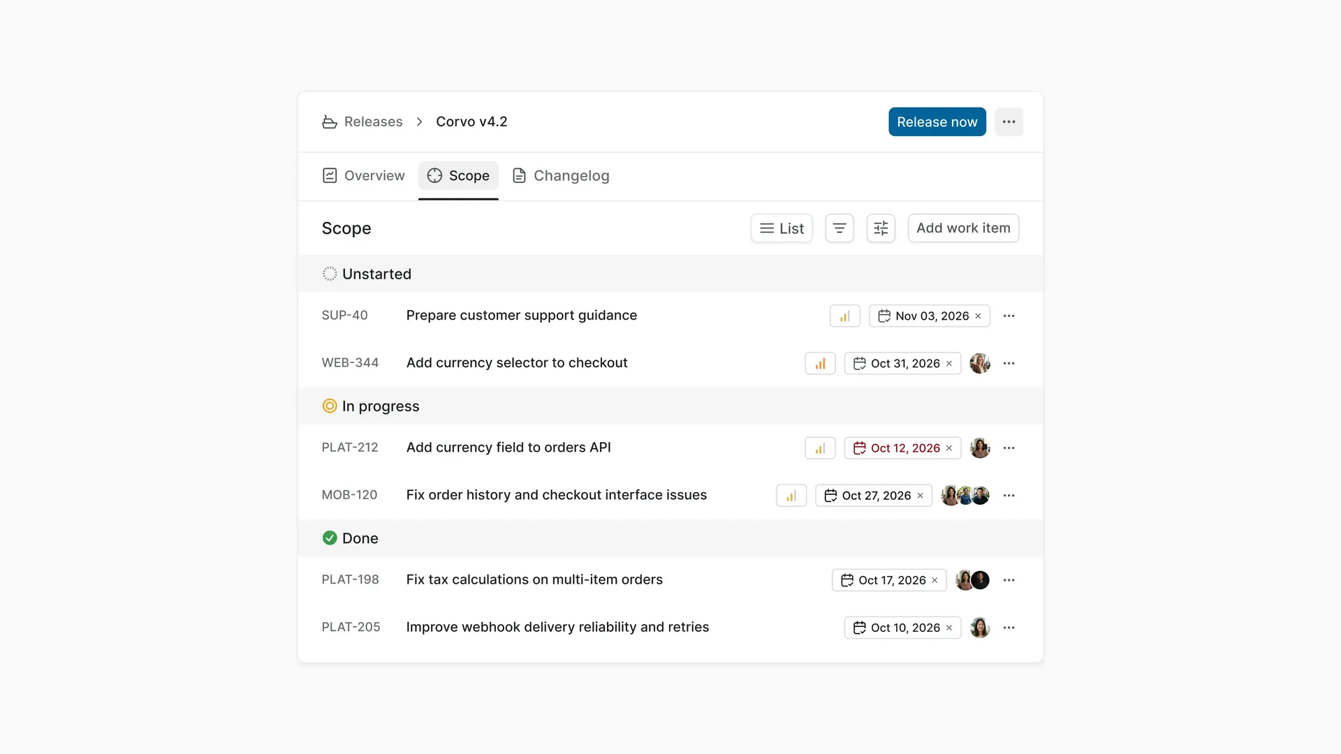 Corvo v4.2 Release Scope grouped by state, showing work items from several projects.