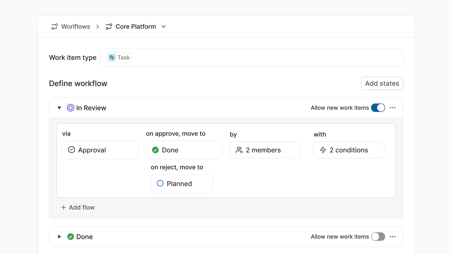 Product screen showing the Approval flow in action: approvers, conditions, approve destination, and reject destination in Plane