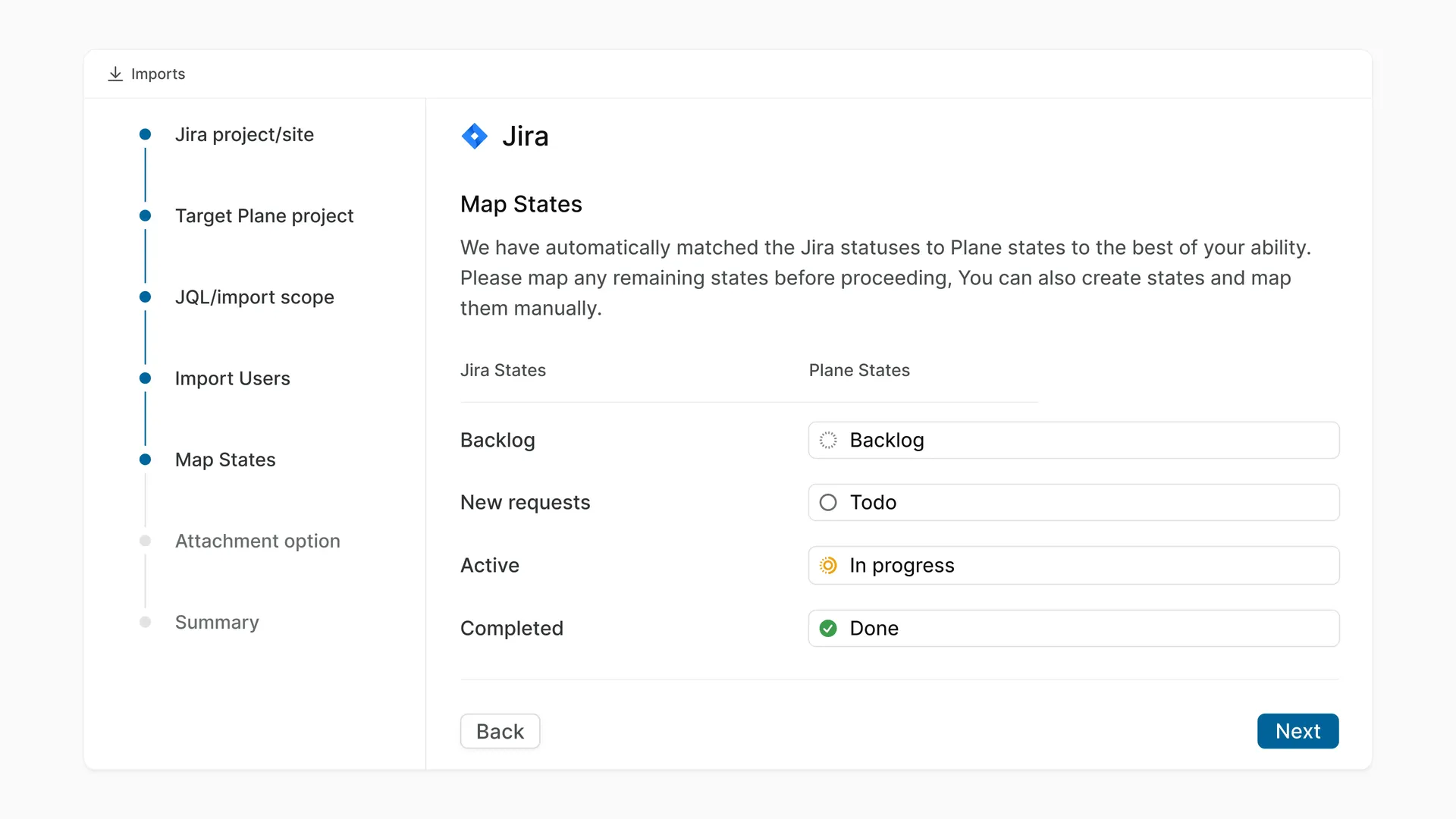 Screen showing Jira imports summary in Plane 